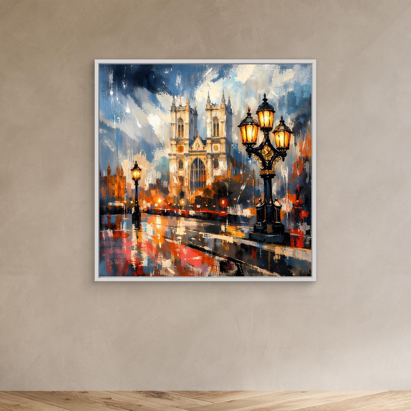 Abstraktes Leinwand-Wandbild mit Laternen und Kathedrale im Regen, weißer Rahmen.