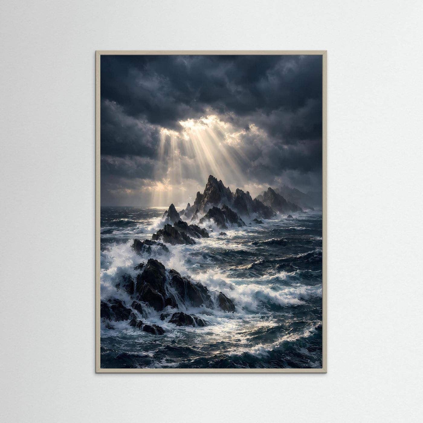 Hochformat-Ozeanposter mit Klippen, Lichtstrahlen und tobender See im hellem Holzrahmen