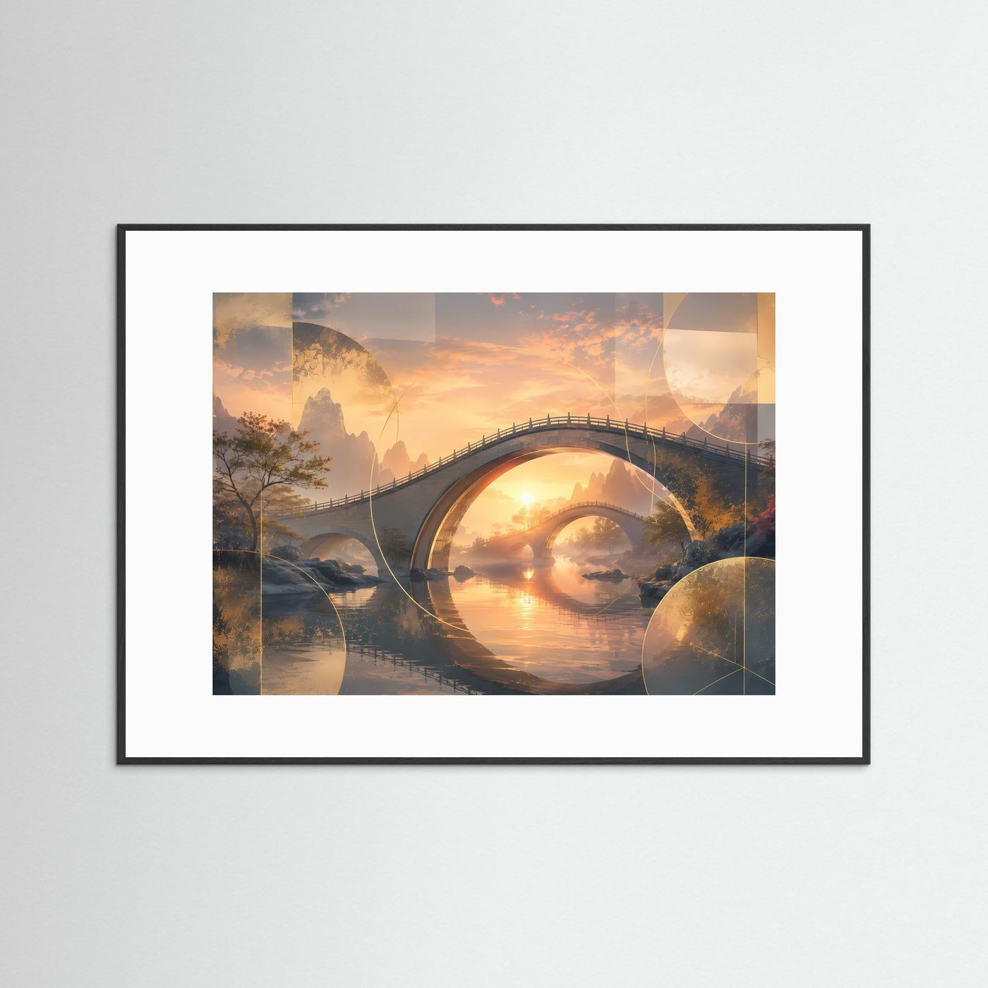 Querformat-Poster mit Bogenbrücke über ruhigem Wasser im Sonnenuntergang, schwarzer Rahmen mit Rand