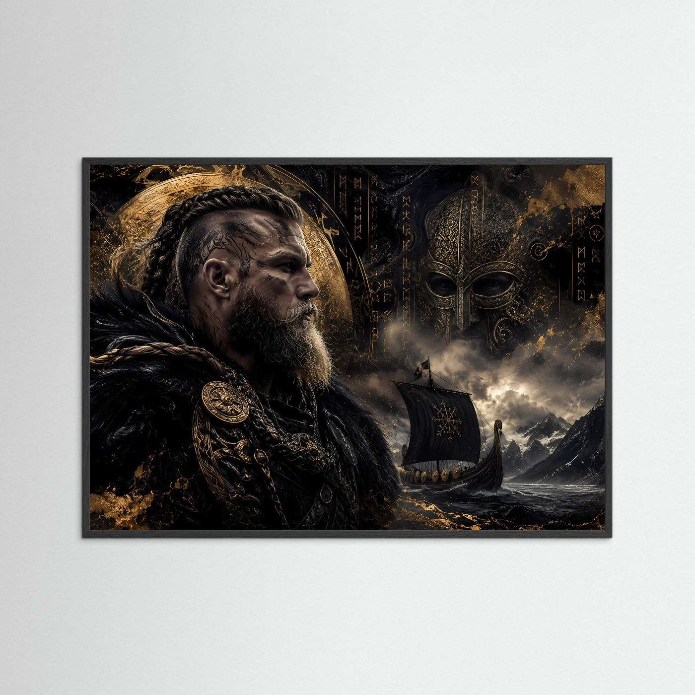 Epischer Wikinger-Krieger auf hoher See | Nordische Mythologie & Drachenschiff Poster Querformat