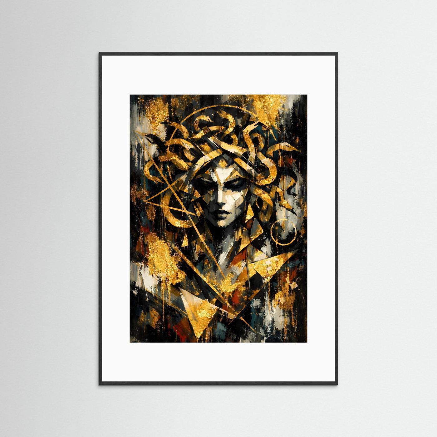 Mythologie-Poster mit Medusa-Porträt in Gold-, Schwarz- und Weißtönen, mit weißem Passepartout und schwarzem Rahmen