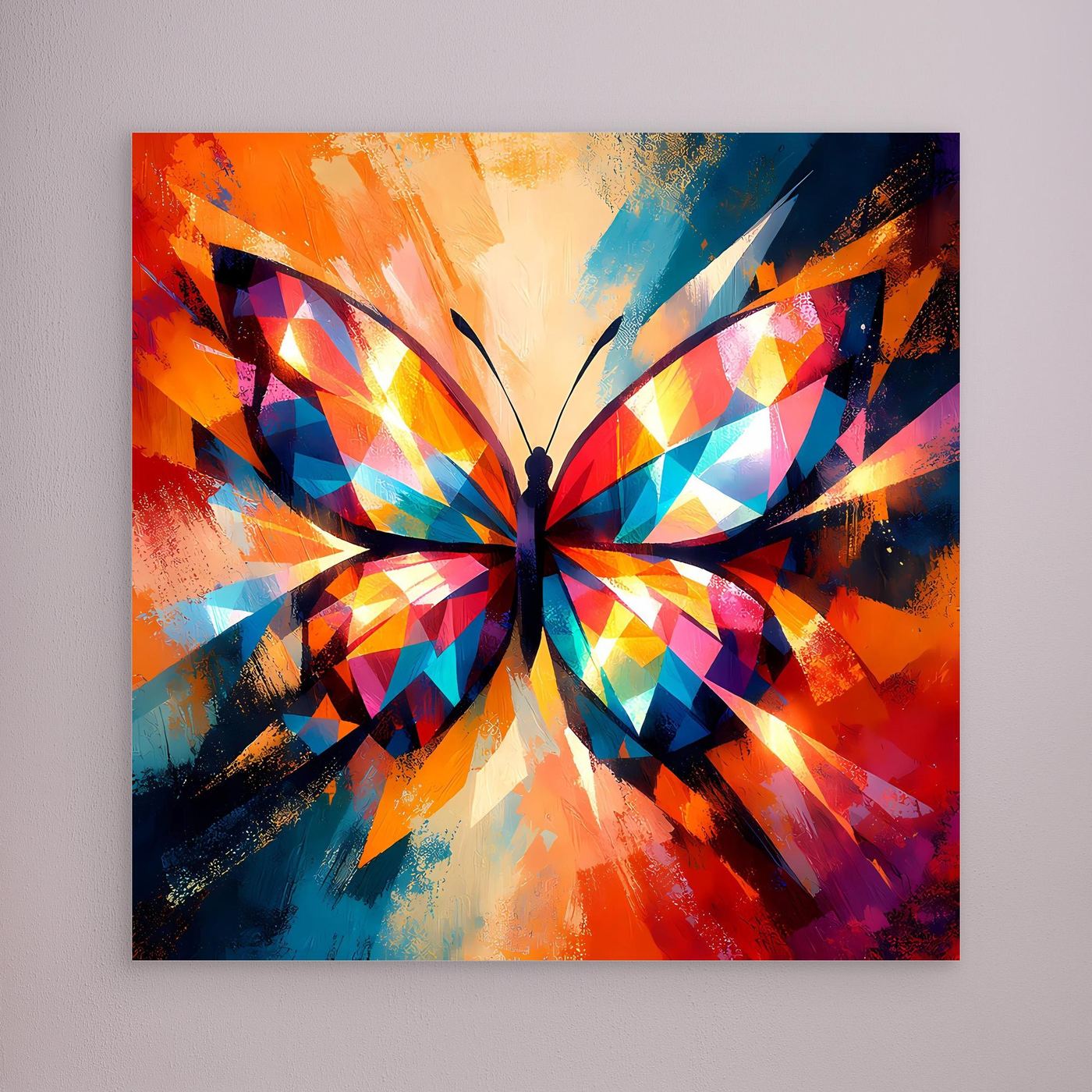Wandbild mit buntem geometrischem Schmetterling, ohne erkennbaren Rahmen