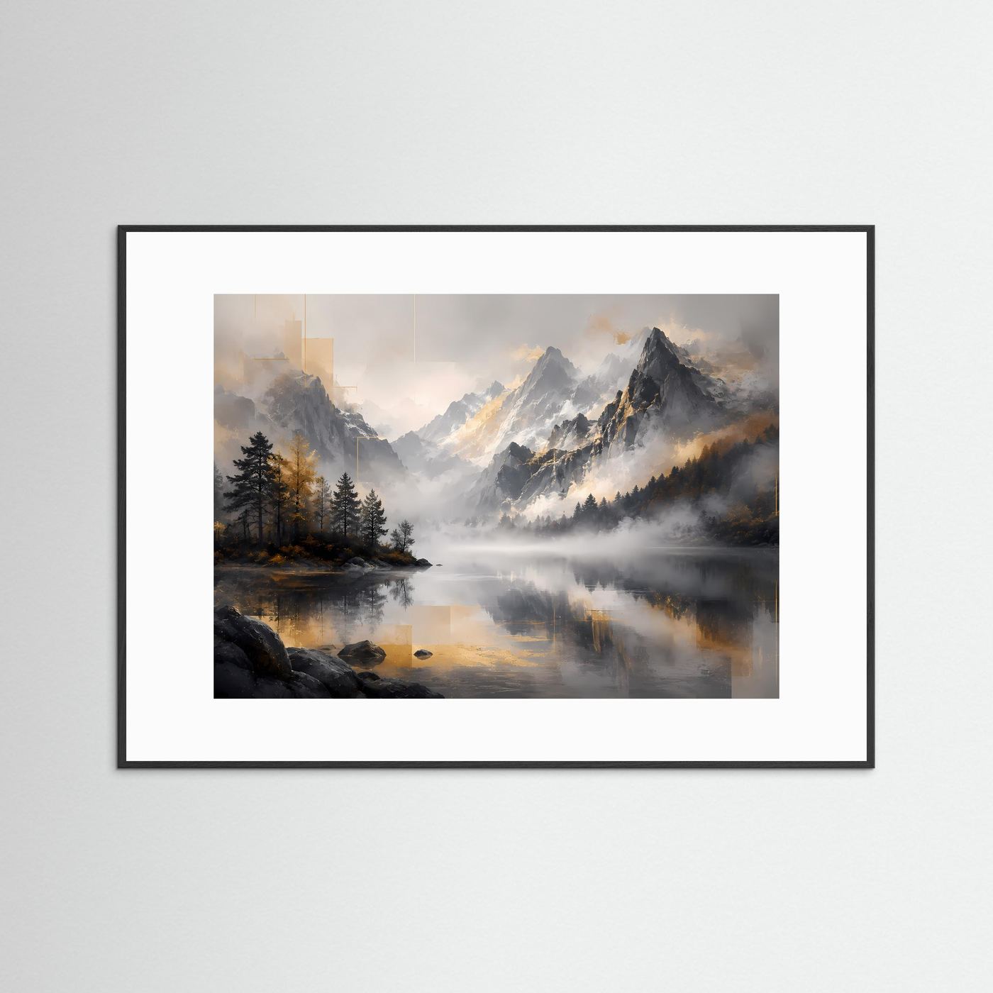 Querformatiges Poster im schwarzen Holzrahmen mit weißem Passepartout: nebliger Bergsee.