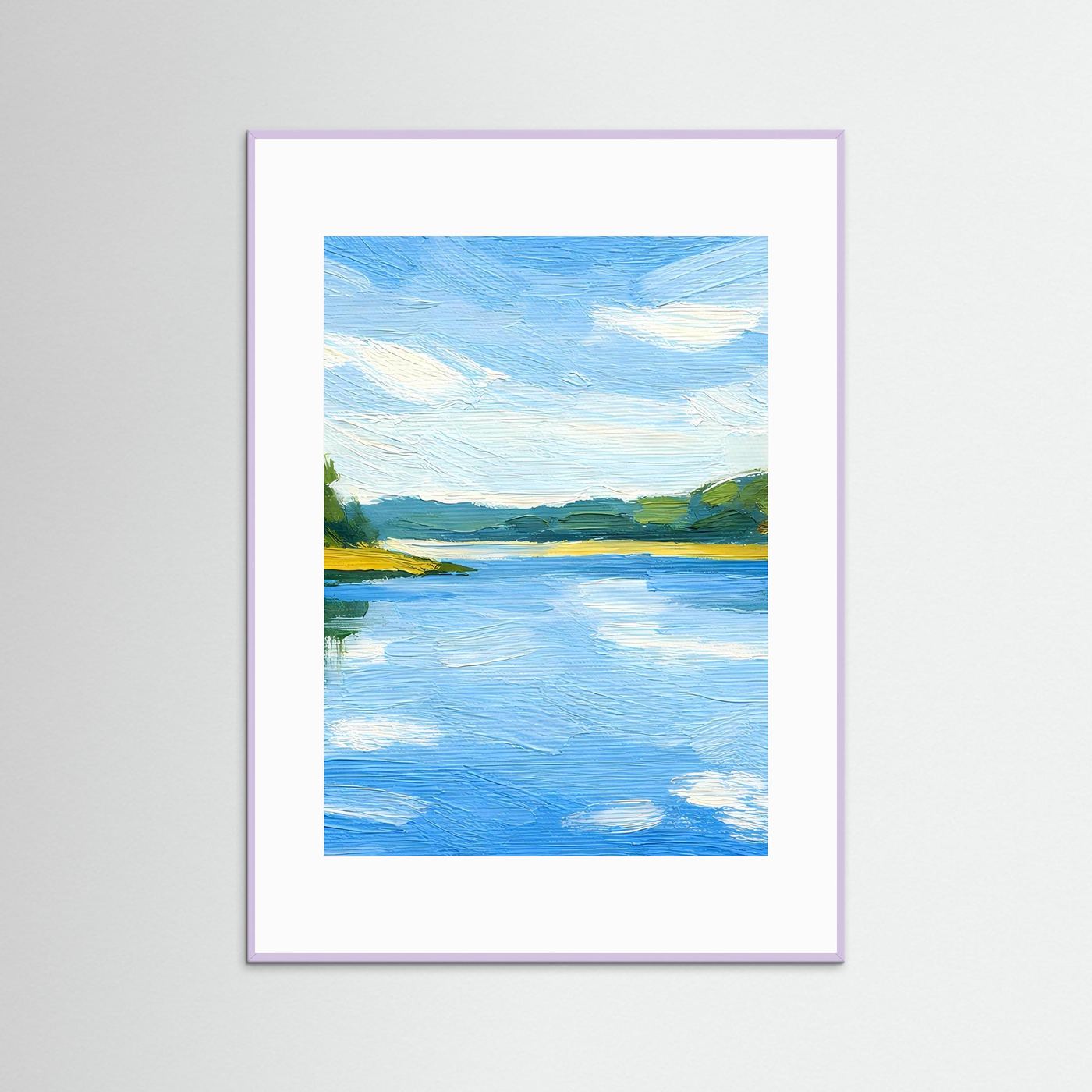 Gerahmter Kunstdruck Flusslandschaft im Sommer mit weißem Rahmen und lila Rand