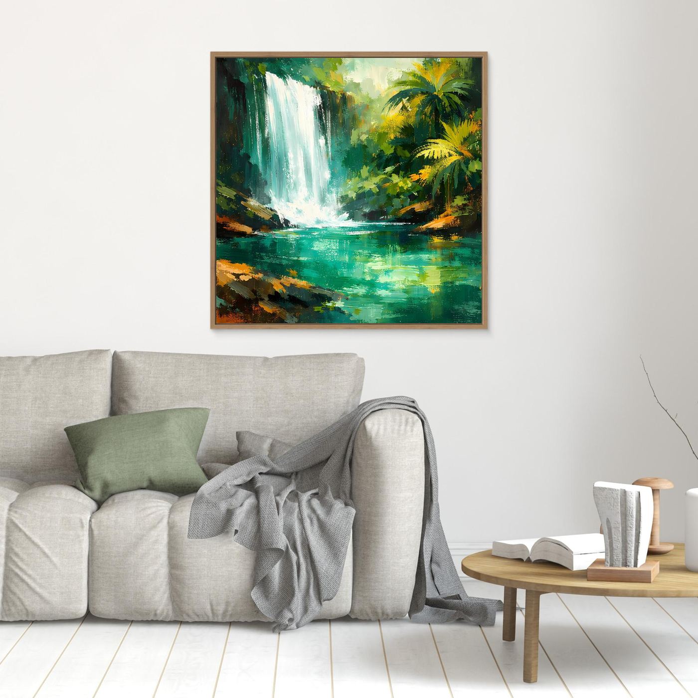 Leinwand Abstraktes Dschungel Wandbild mit Wasserfall | Modernes Natur Kunstwerk Grün