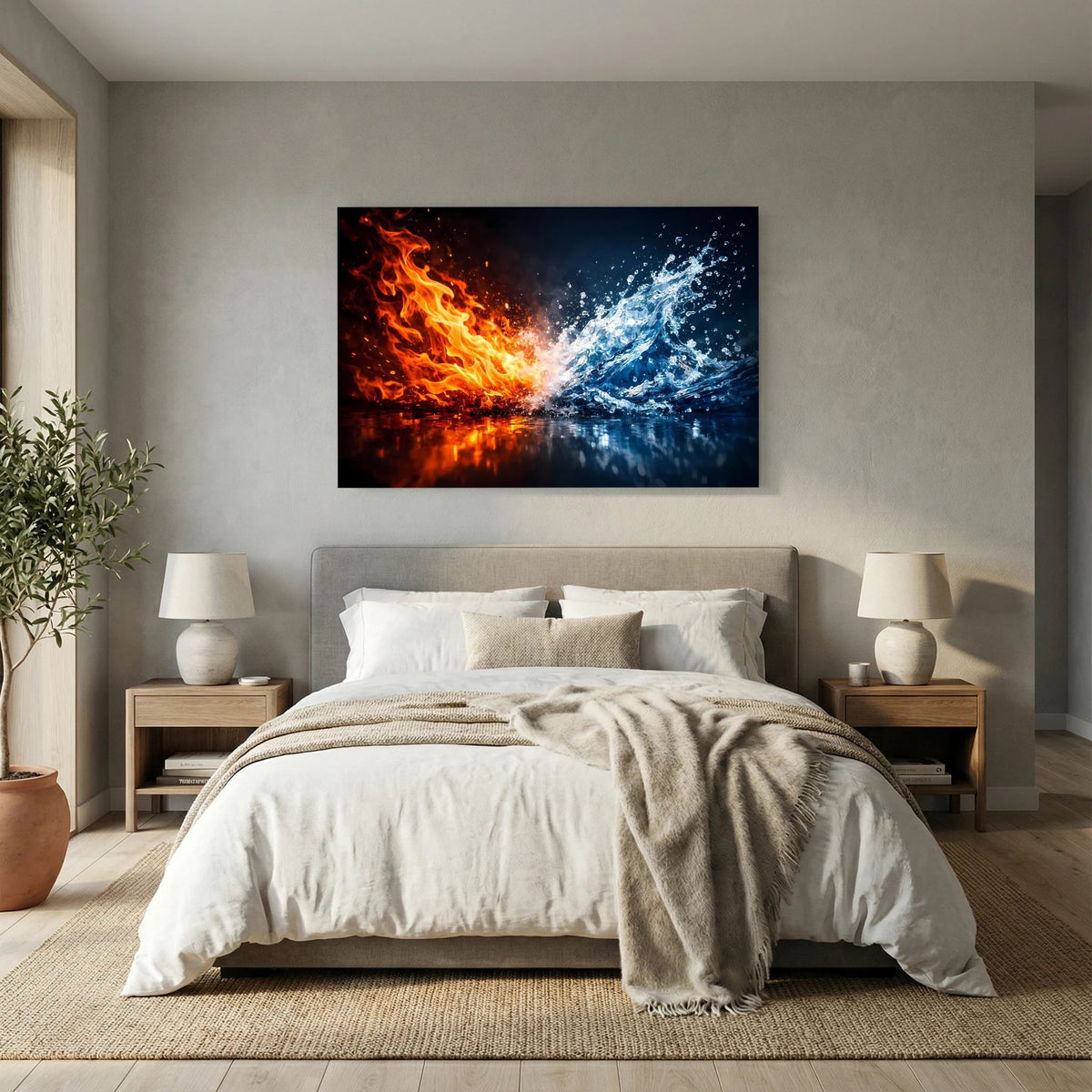 Kunstposter mit Flammen-Wasserspiegelung im schwarzen Rahmen, Querformat