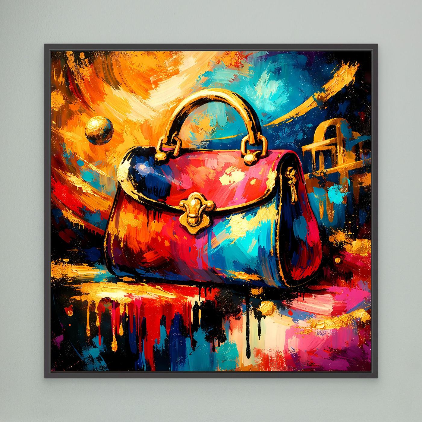 Leinwandbild mit abstrakter Handtasche, bunte Farbspritzer und goldene Akzente in schwarzem Rahmen