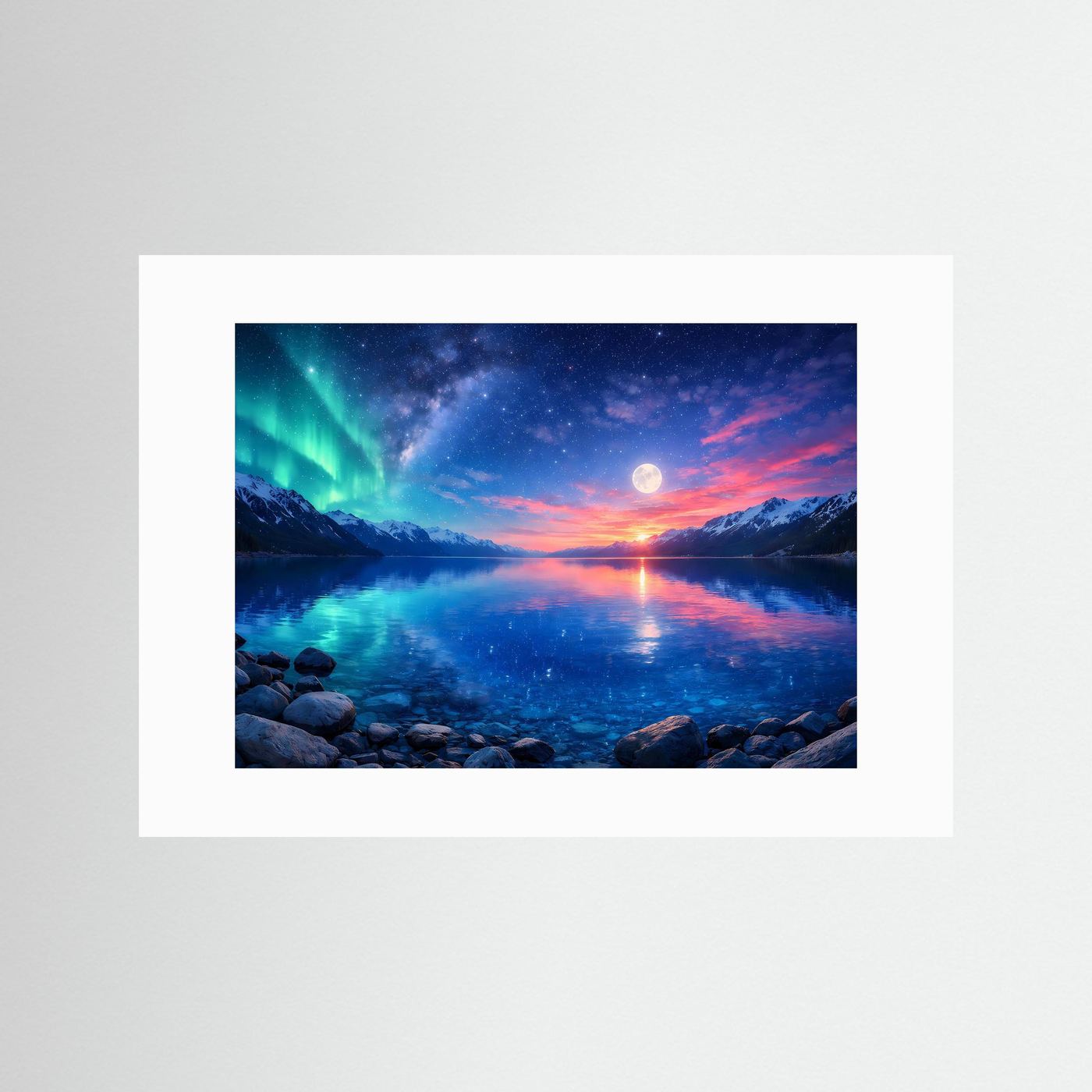 Wandbild mit Polarlicht über Mondsee, Berge und Steinufer, weißer Rand ohne Rahmen
