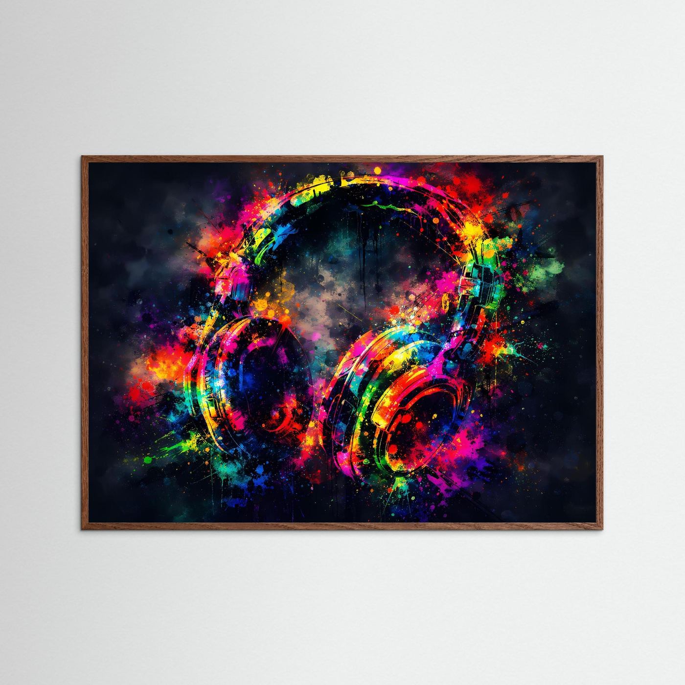 Wandbild mit bunten DJ-Kopfhörern im Pop-Art-Stil, dunkelbrauner Holzrahmen