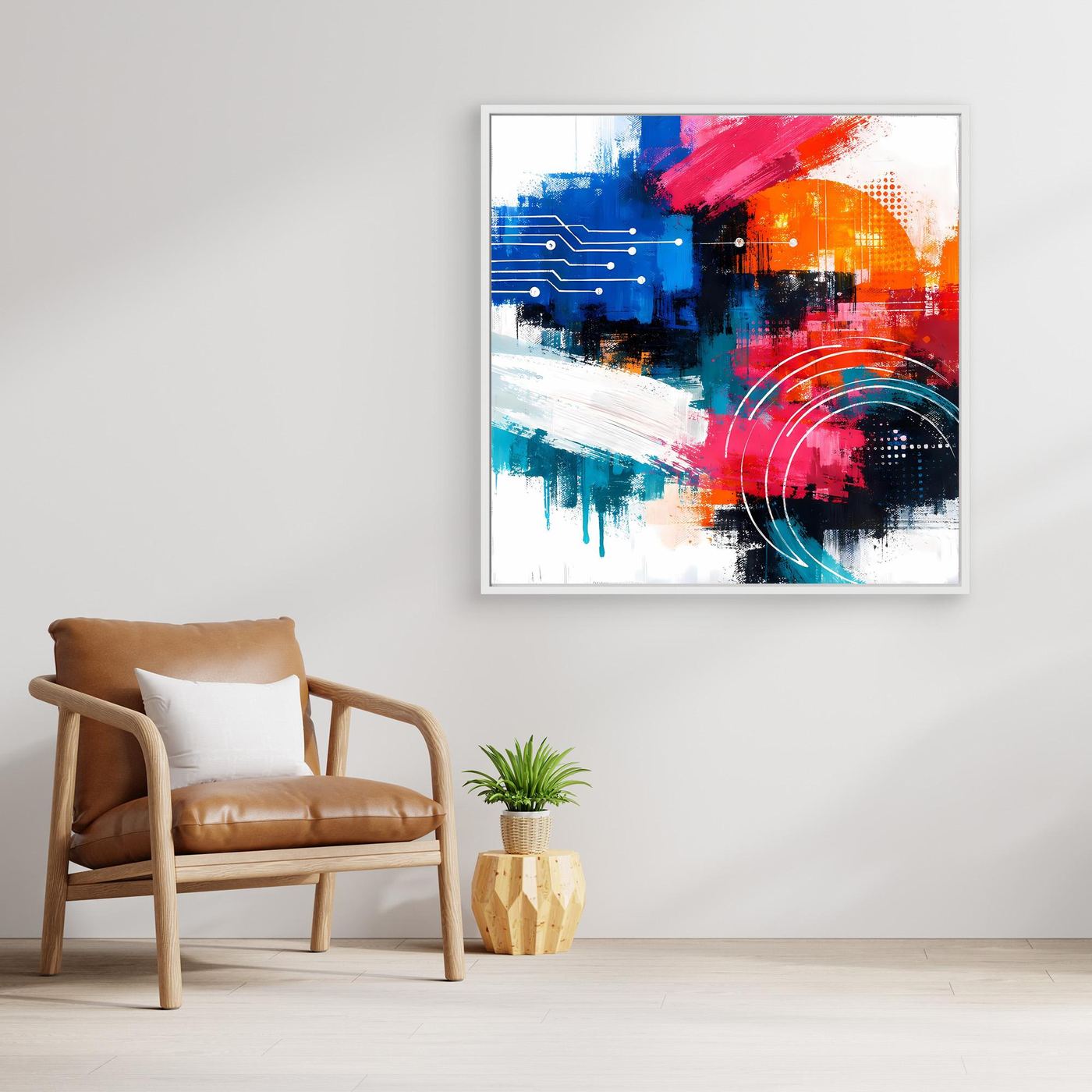 Abstract canvas wall art with blue, red, orange, and black geometric strokes in white frame
