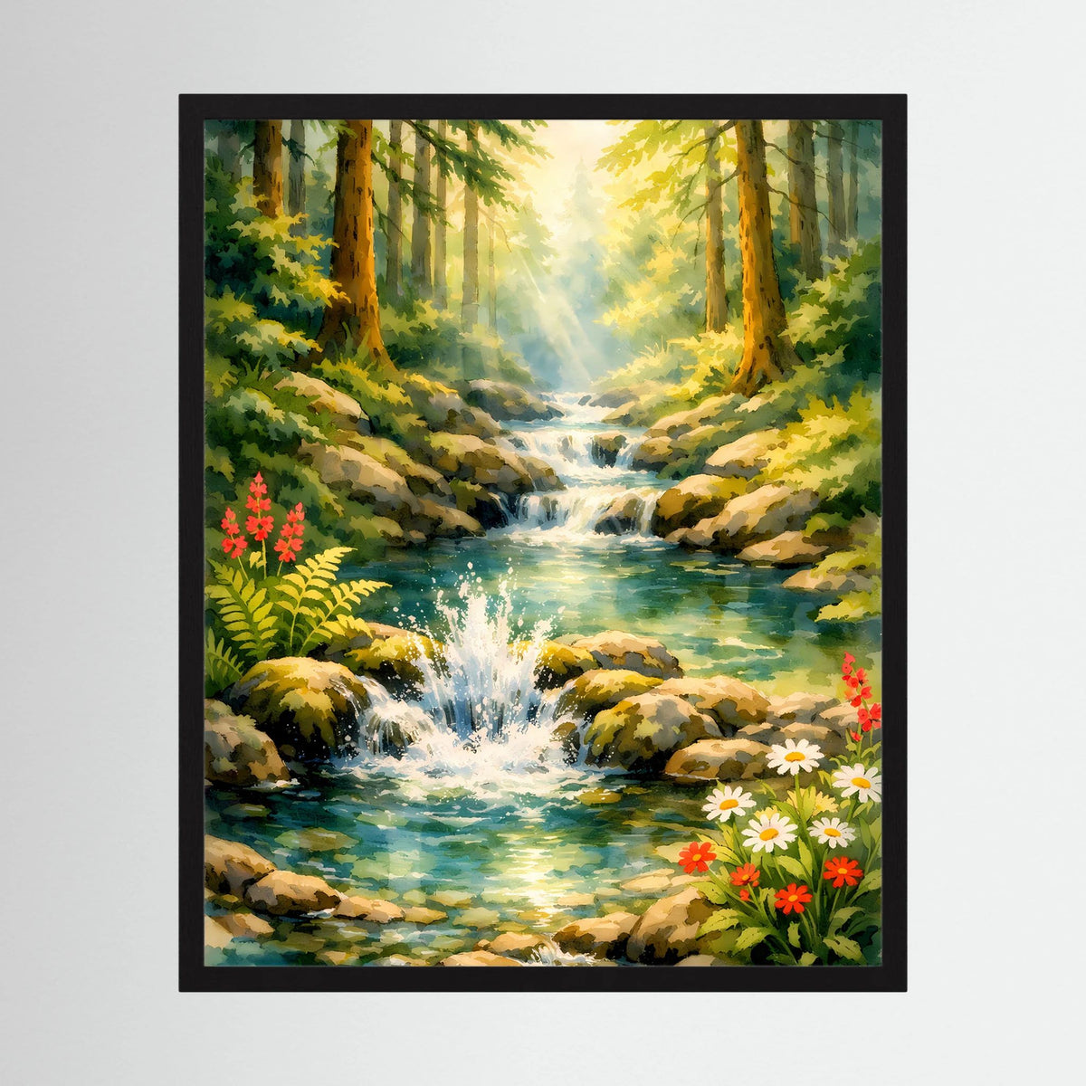 Gerahmtes Poster im Hochformat: Wasserfall im Wald mit Wildblumen im Vordergrund