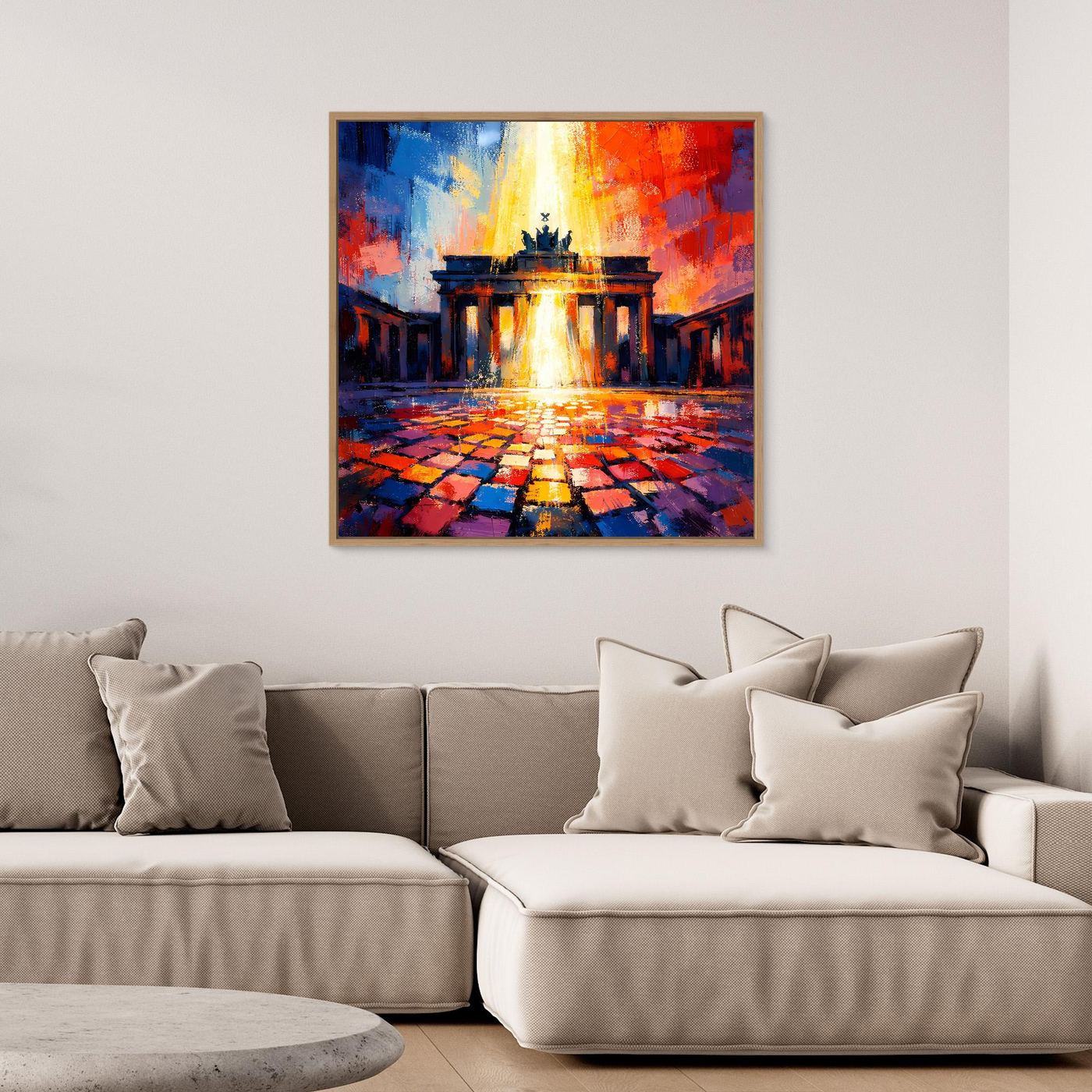 Abstraktes Wandbild mit Brandenburg-Tor-Motiv und leuchtendem Lichtstrahl, dunkel gerahmt