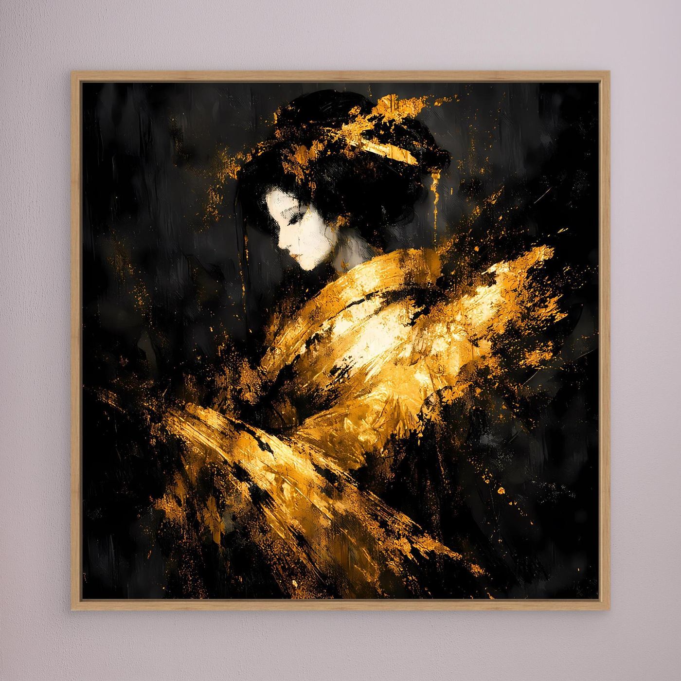 Leinwand Elegante Goldene Geisha | Abstraktes Asiatisches Wandbild