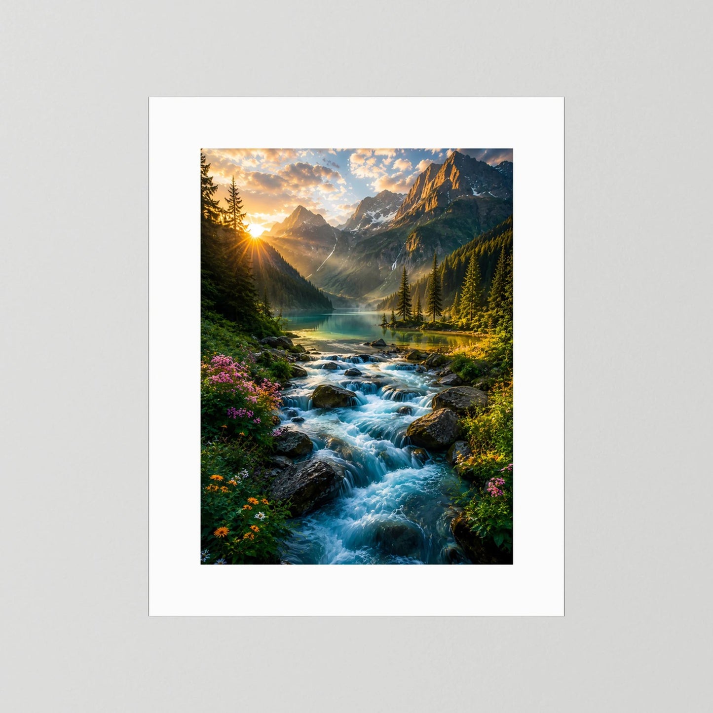 Hochformat-Poster mit weißem Passepartout: Gebirgsbach, Tannen und Sonnenaufgang