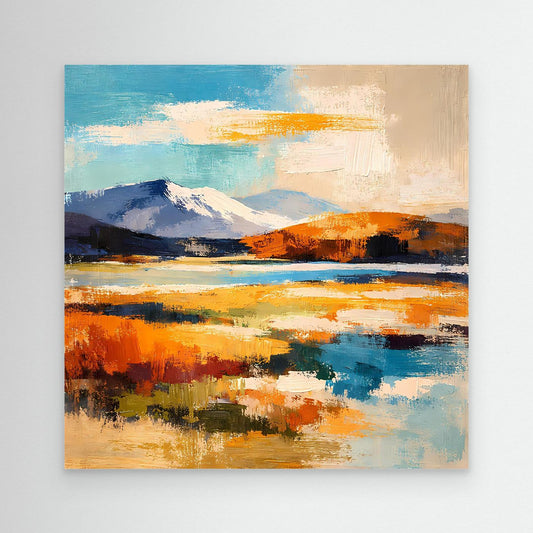 Leinwand-Wandbild mit abstrakter Berglandschaft, blau-orange Farbflächen, ohne Rahmen