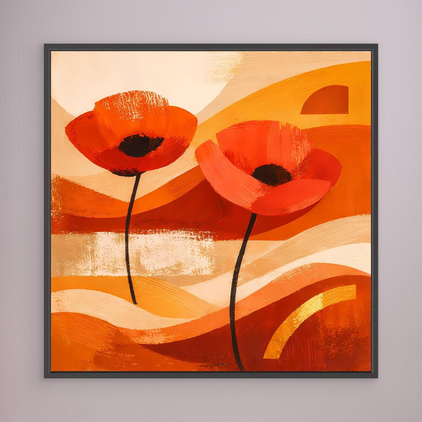 Leinwandbild mit abstrakten roten Mohnblumen und Orangestreifen im schwarzen Rahmen
