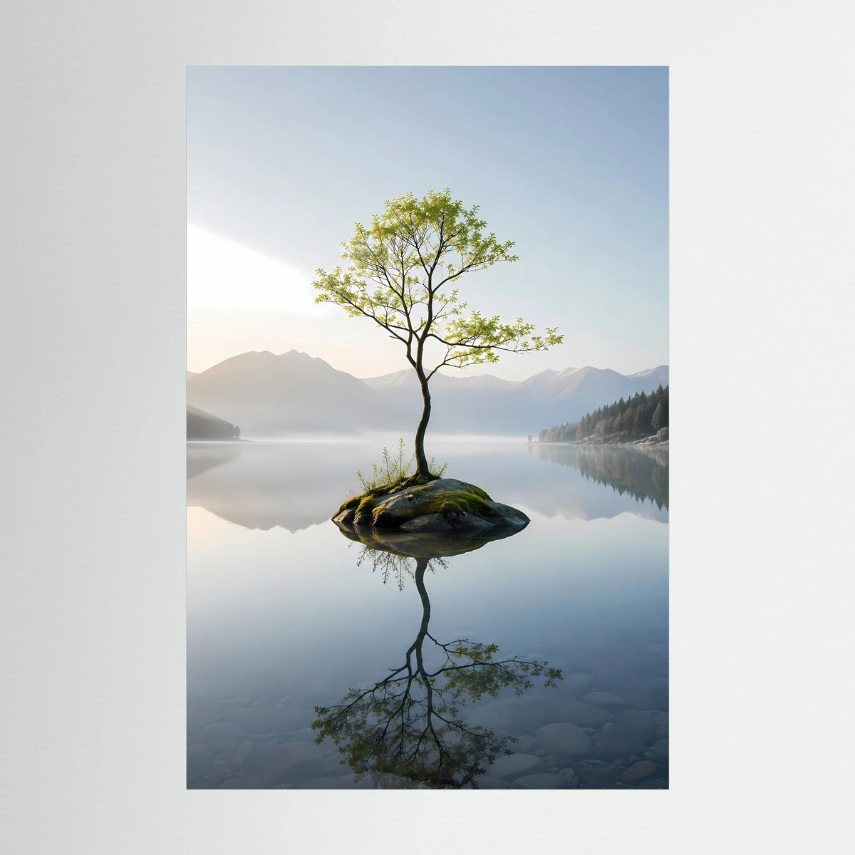 Hochformat-Poster mit einsamem Baum auf Felsen im ruhigen Bergsee mit Spiegelung