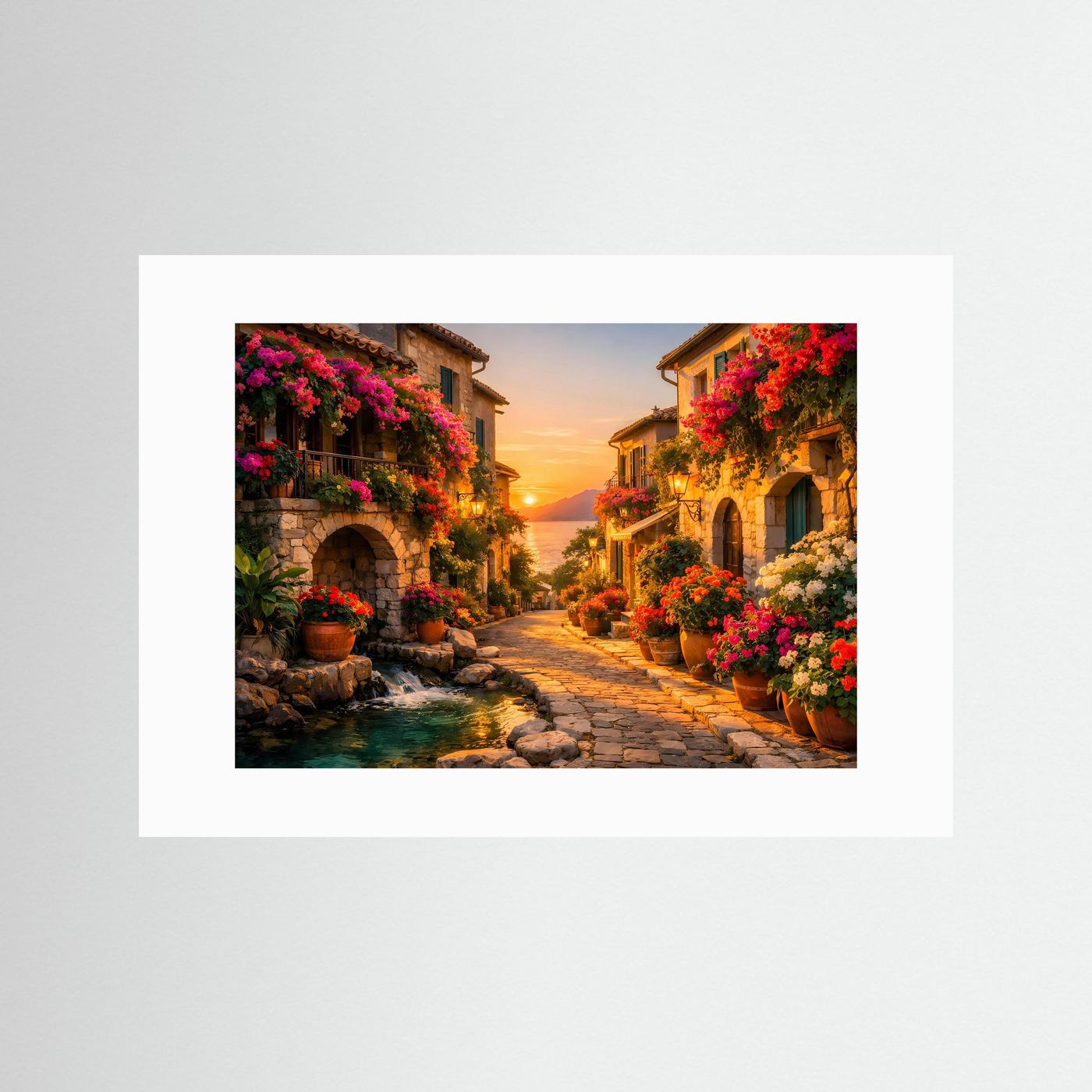 Gerahmtes Poster mit mediterraner Gasse, roten Blumen und Abendhimmel, weißer Rahmen