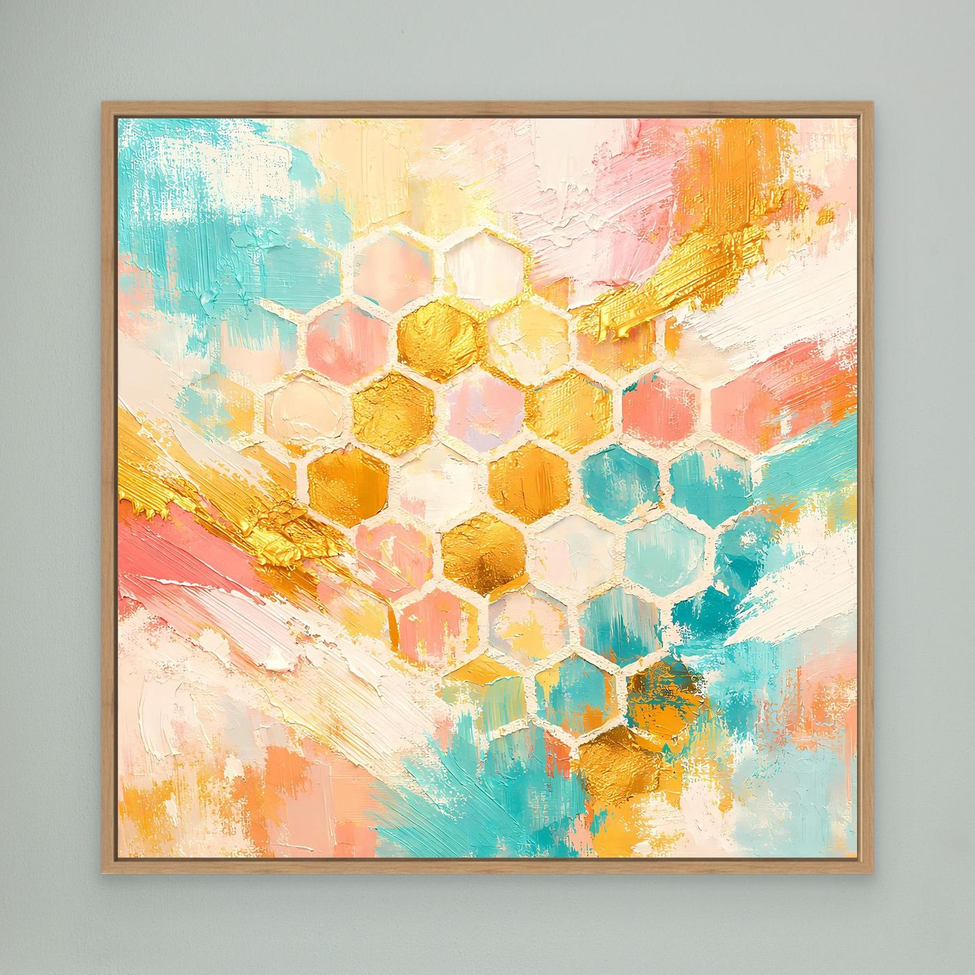 Leinwandbild mit Bienenwaben-Muster in Pastellfarben, mit hellem Holzrahmen