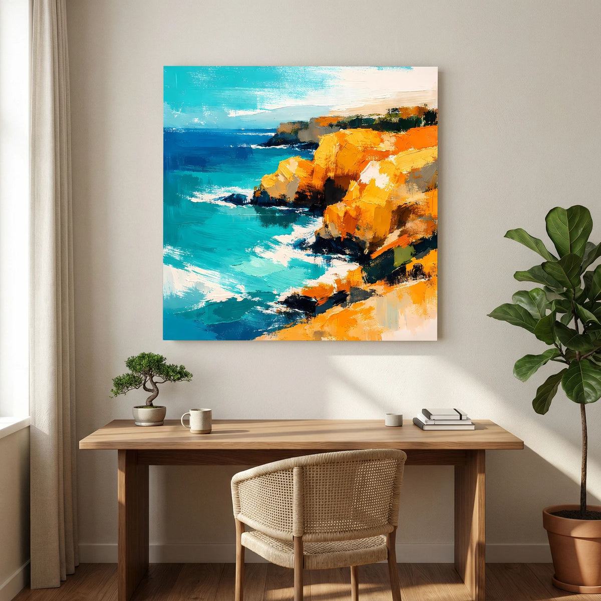 Leinwand Abstraktes Steilküsten Gemälde | Modernes Mediterranes Meeres Wandbild Blau Gelb