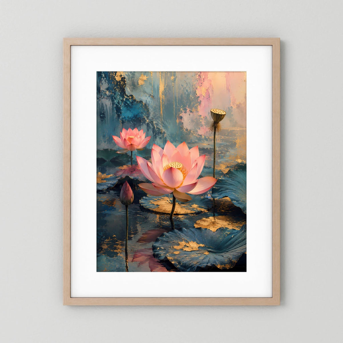Gerahmtes Poster mit Lotusblüten, weißem Passepartout und hellem Holzrahmen