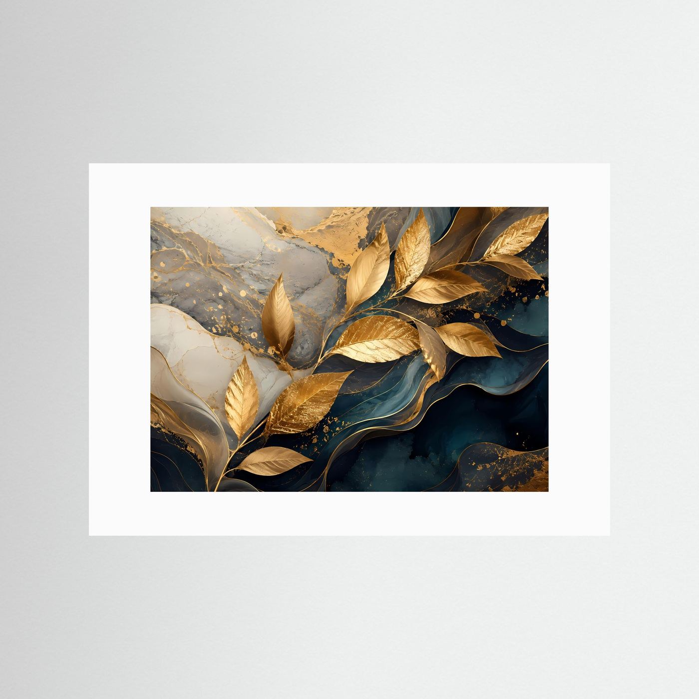 Goldene Blätter auf Petrol & Marmor | Luxuriöse abstrakte Botanische Wandkunst