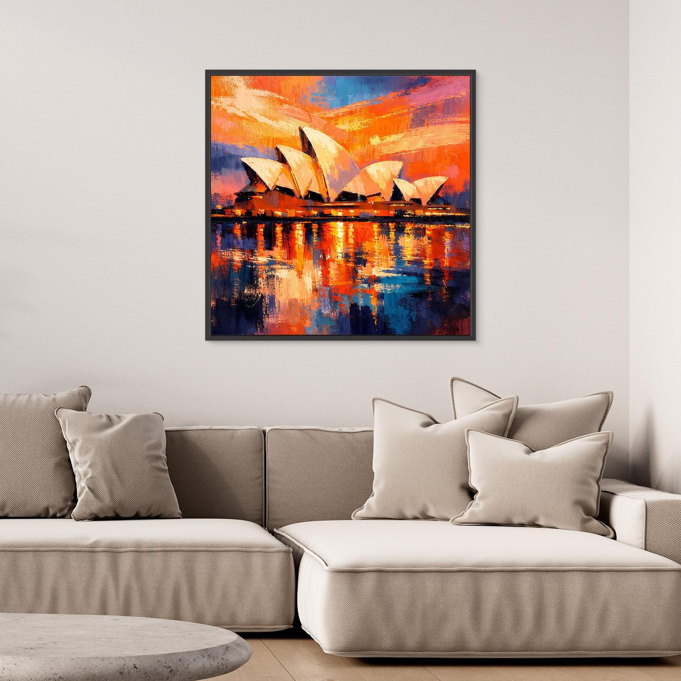 Gerahmtes Wandbild der Sydney Opera House abstrakt, Abendrot-Töne, klare Spiegelungen auf dem Wasser