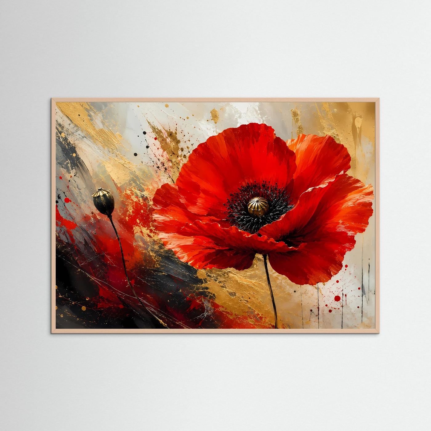 Roter Mohn in Gold & Schwarz | Abstrakte Mohnblume Wandkunst