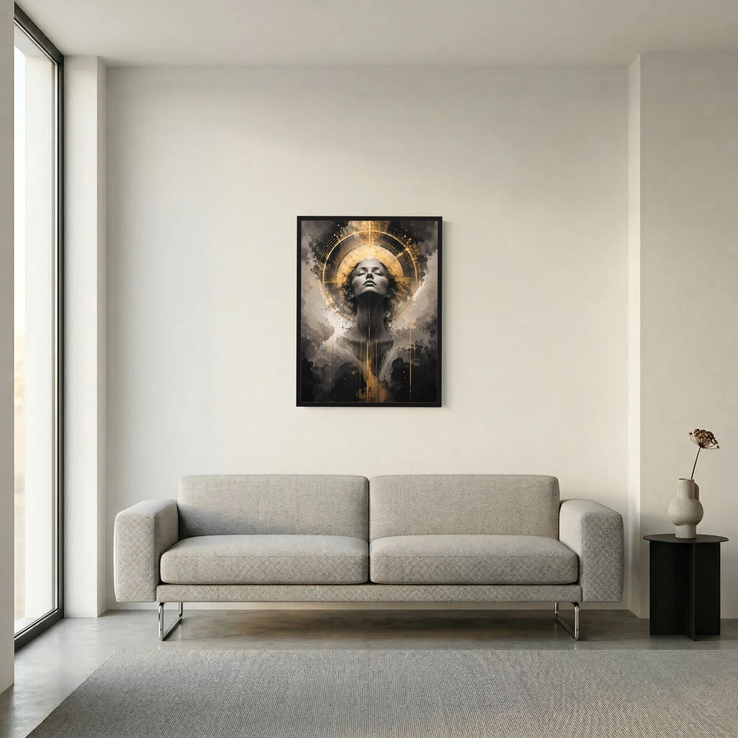 Hochformatiges Poster mit abstraktem Frauenporträt, goldener Aureole im Kreis, schwarzer Rahmen