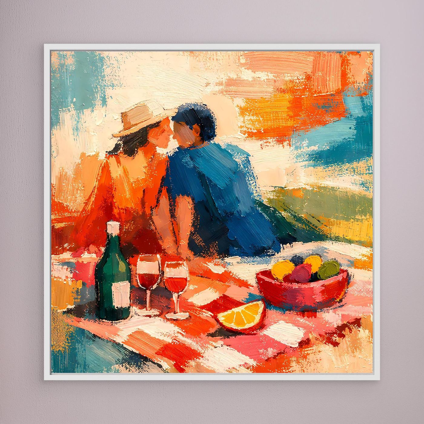 Leinwand-Wandbild mit abstraktem Picknick-Pärchen, hellgrauer Rahmen