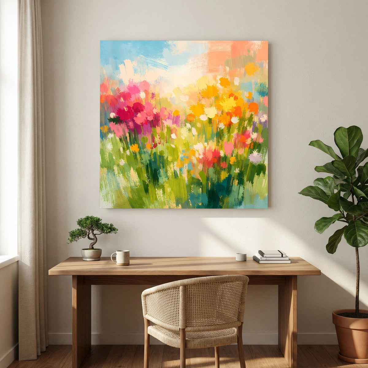 Buntes abstraktes Leinwandbild mit Wildblumen auf grüner Wiese, quadratisch