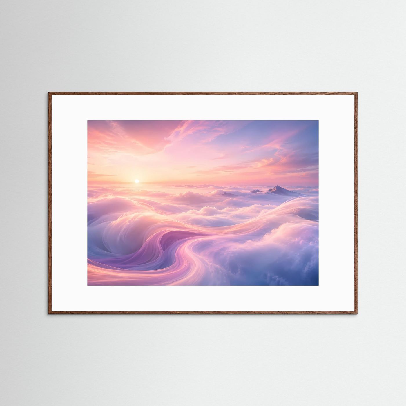 Querformat-Poster mit braunem Holzrahmen und Sonnenaufgang über Wolken in Rosa, Blau und Violett