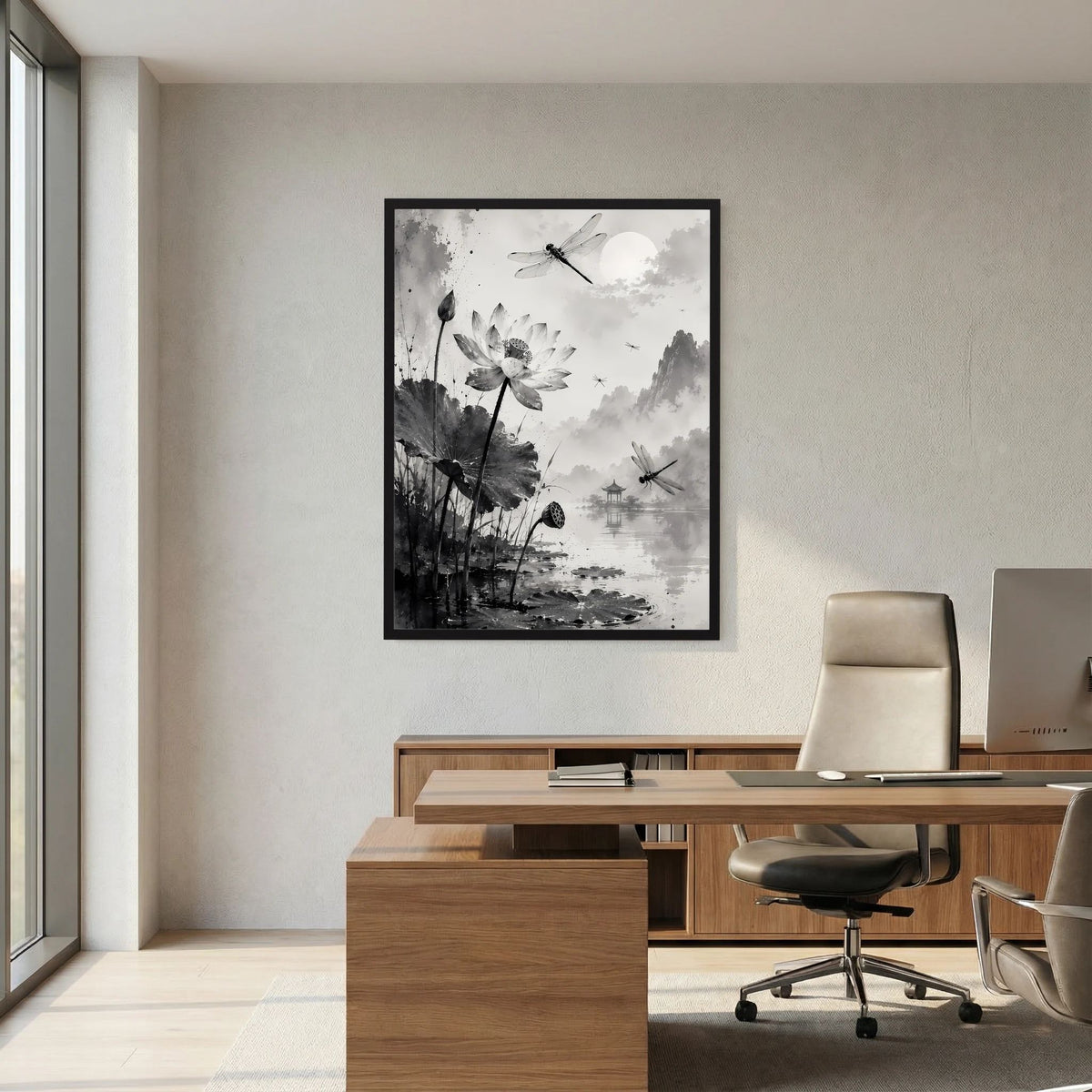 Hochformatiges Schwarzweiß-Poster mit Lotusblüten und Libellen, im schwarzen Rahmen