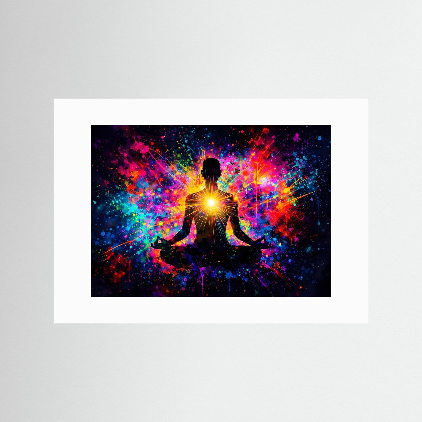 Ungeflexter Druck mit weißem Rand: meditierende Silhouette und leuchtendes Herz-Chakra, bunt