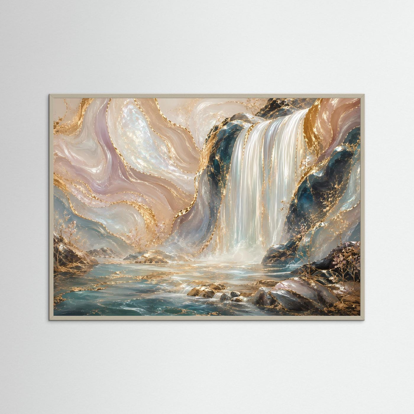 Poster mit abstraktem Wasserfall im grauem Holzrahmen, creme-gold und türkis
