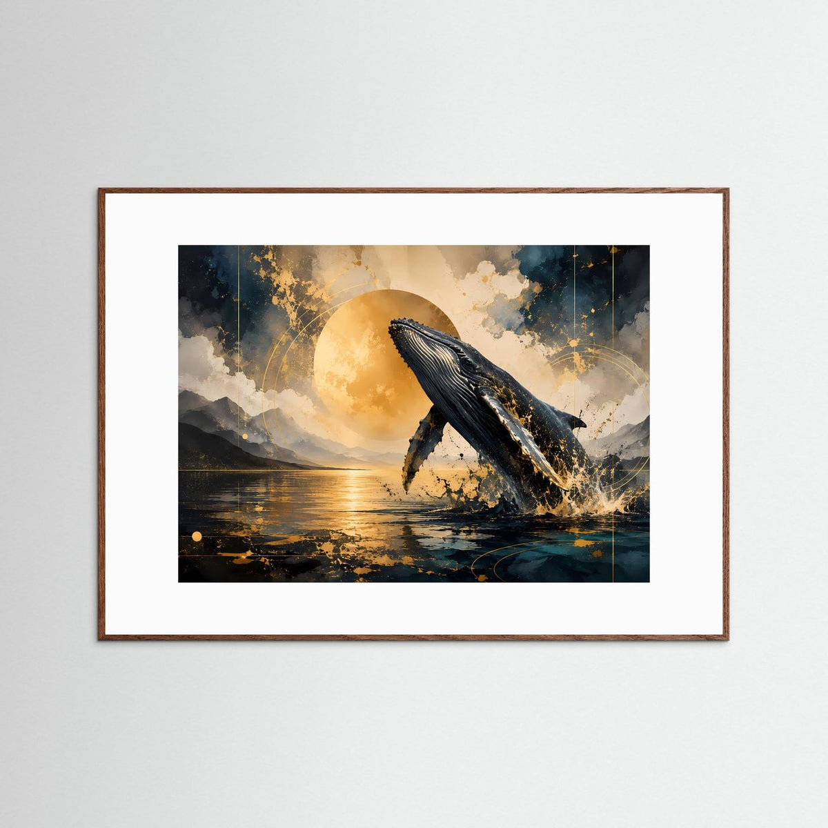 Querformat-Poster mit Buckelwal-Motiv, schwarzer Wal, Blau-Gold-Himmel, brauner Holzrahmen