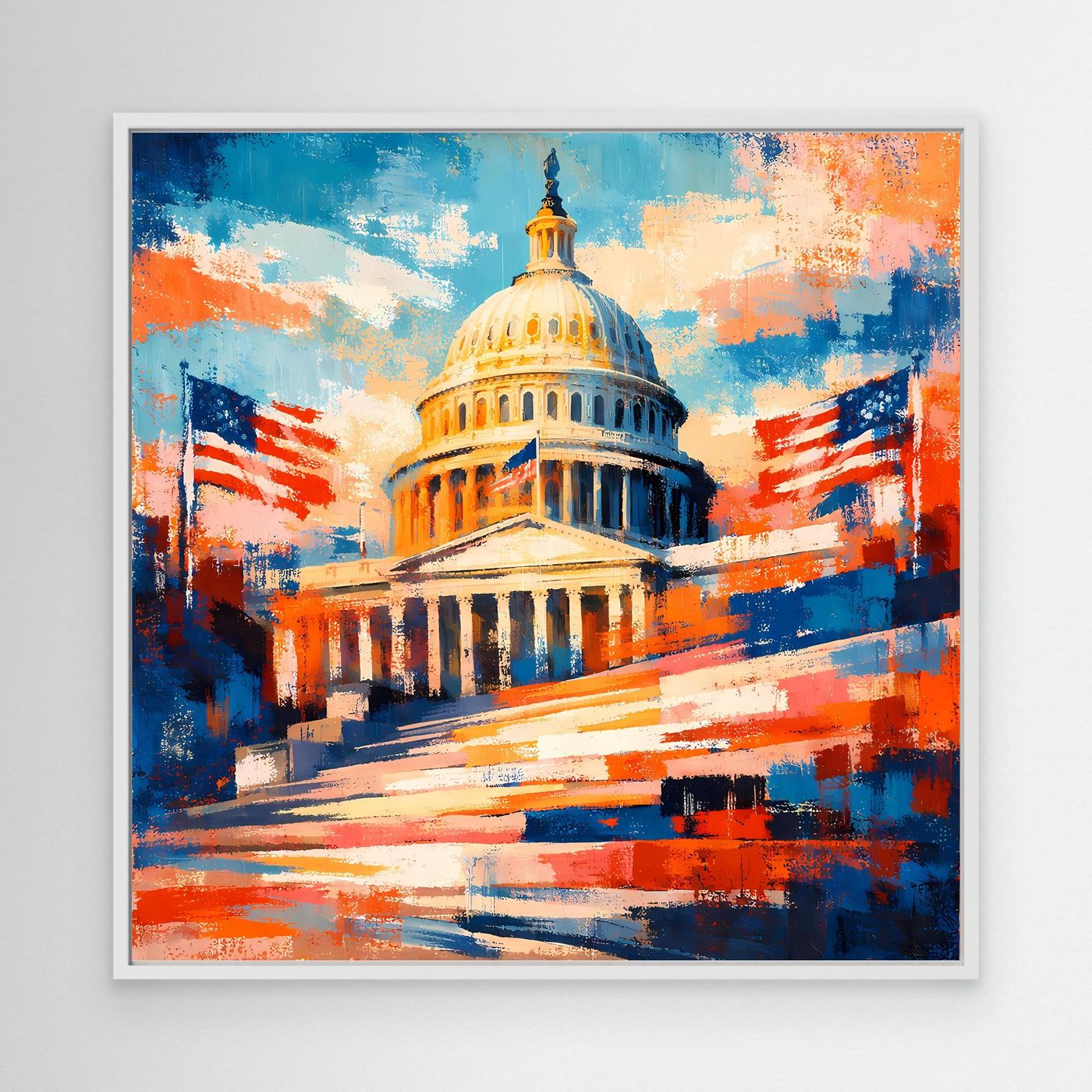 Abstraktes Leinwandbild mit US-Kapitol-Dom in Gold und US-Flaggen, Blau-Orange Pinselstriche, weißer Rahmen.