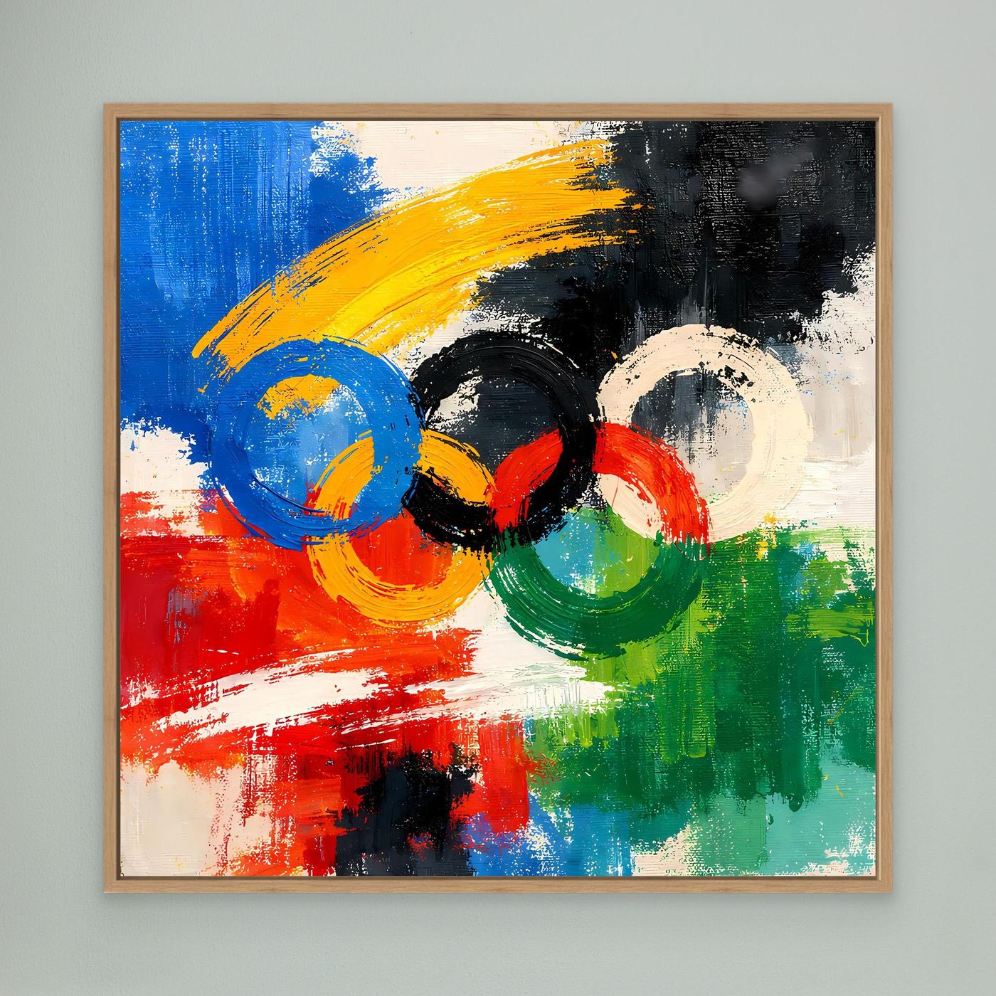 Leinwandbild abstrakte Olympische Ringe: Blau, Gelb, Schwarz, Rot, Grün mit Eichenrahmen