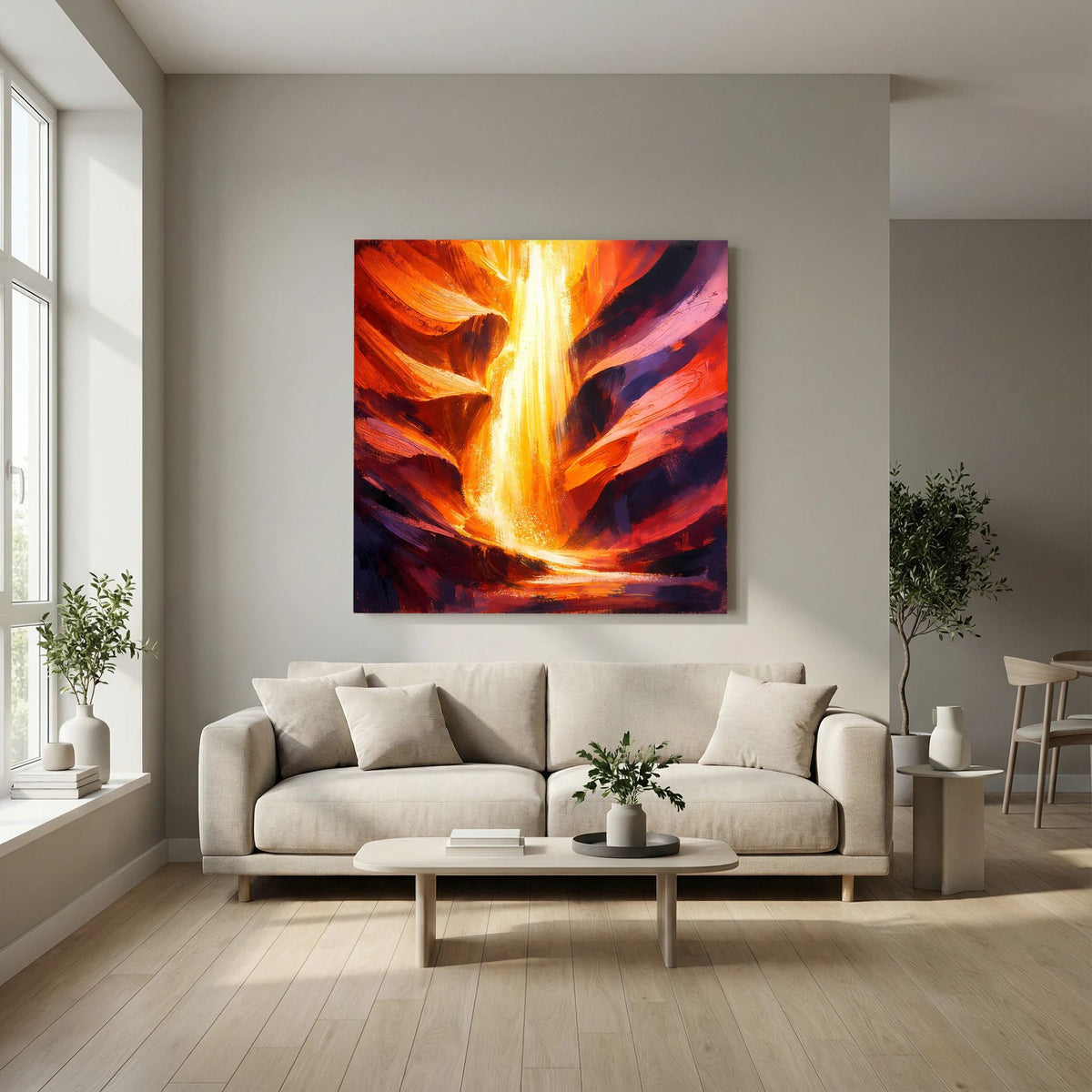 Abstraktes Leinwand-Wandbild mit gelb-orangem Glühen und kontrastreichen roten, violett-blauen Flächen
