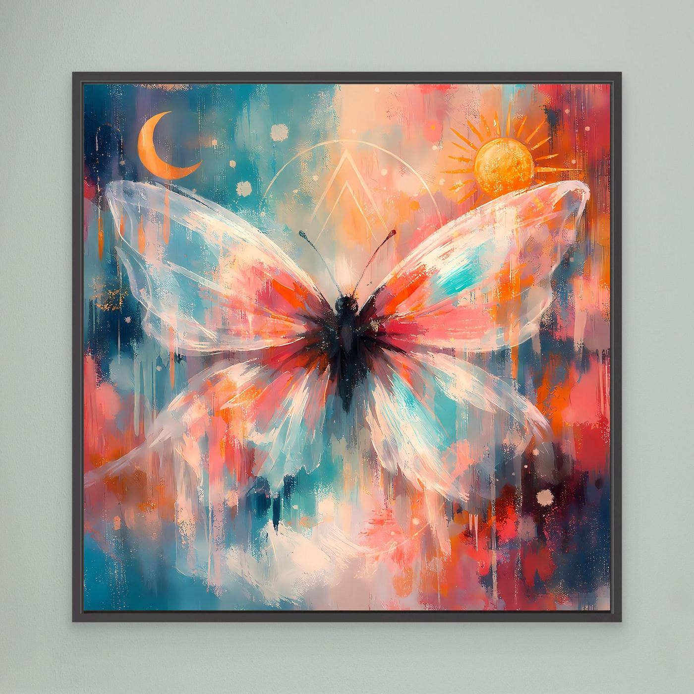 Wandbild mit buntem Schmetterling, Sonne und Mond im schwarzen Rahmen