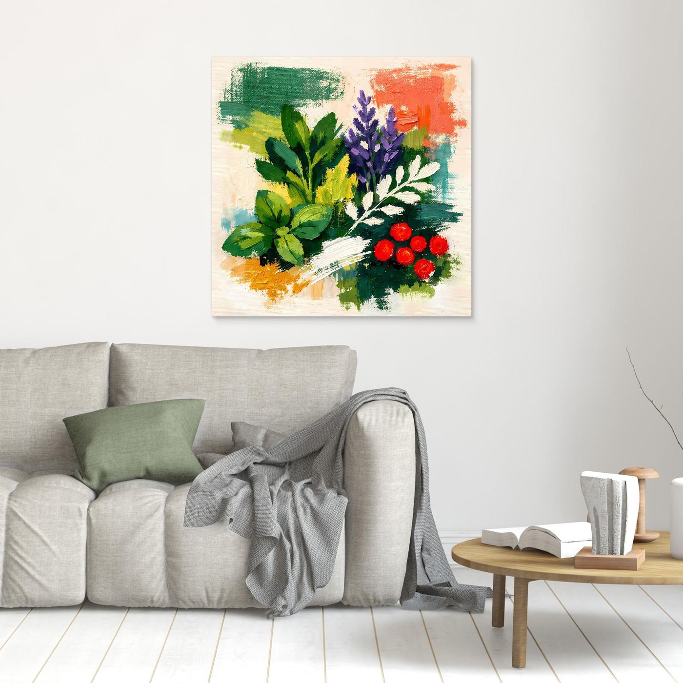 Abstract herb botanical canvas wall art with green, purple, and red flowers, light frame