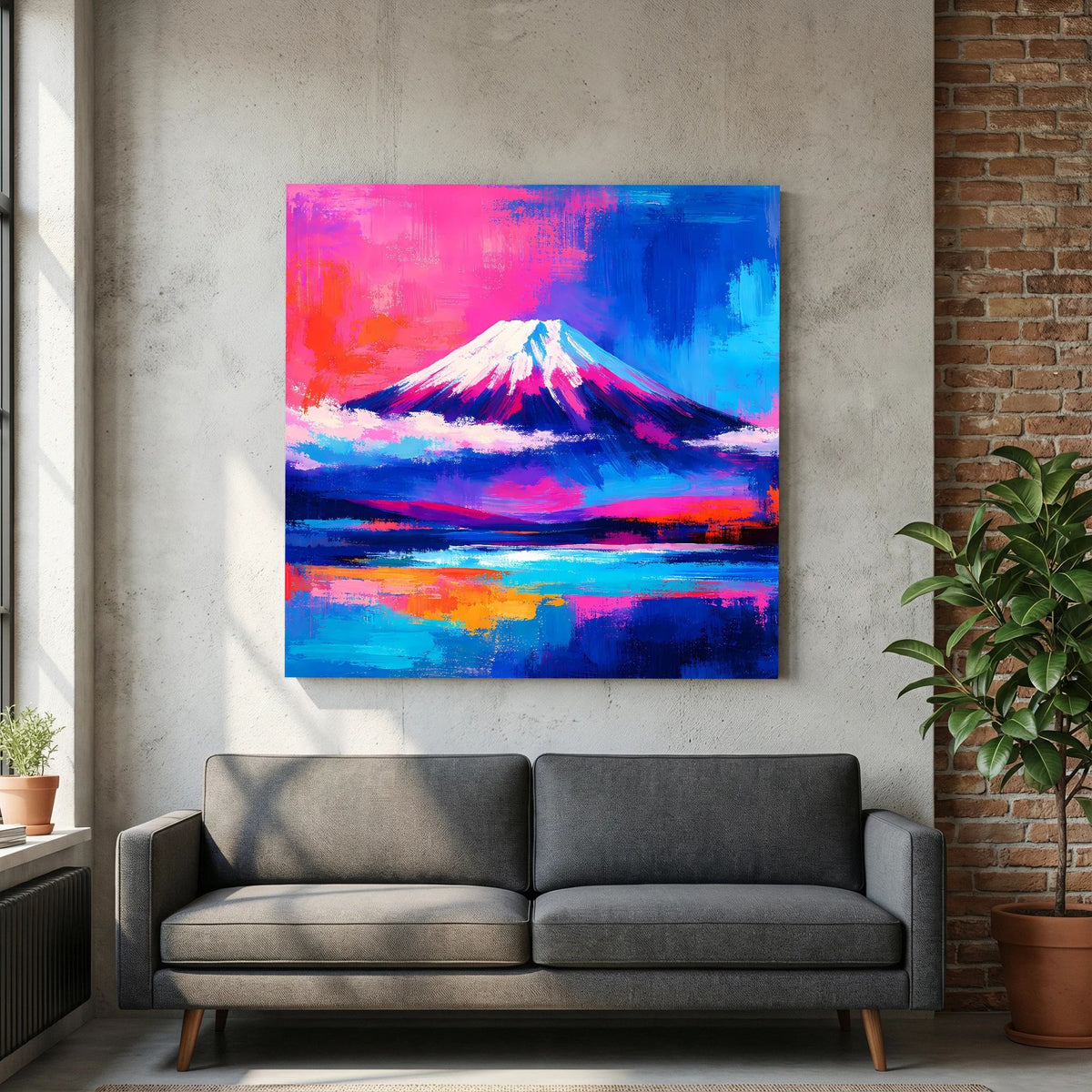 Leinwandbild an Ziegelwand: abstrakter Fuji im Sonnenuntergang, blau-rosa Farbflächen