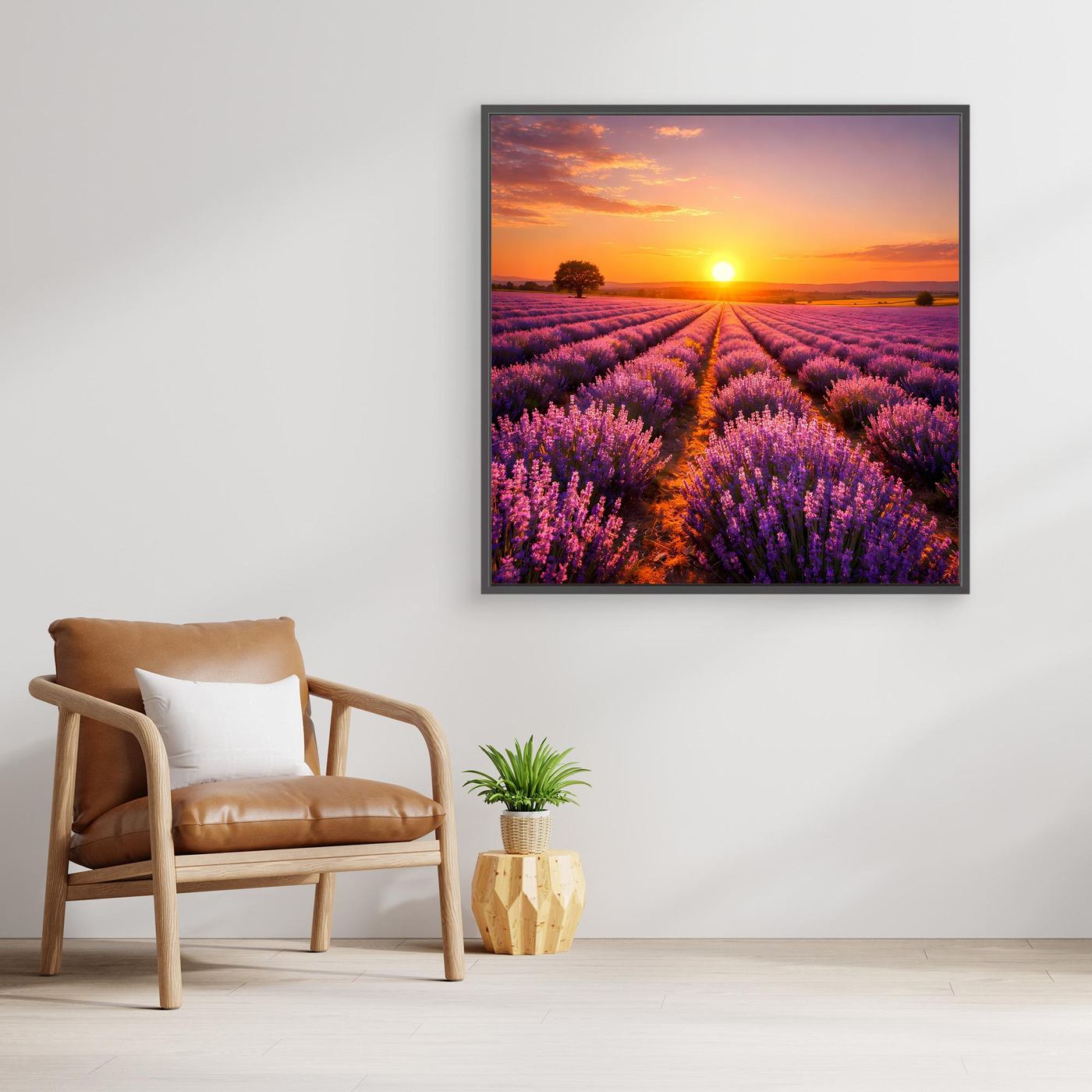 Gerahmtes Leinwandbild mit Lavendelfeld bei Sonnenuntergang, dunkelgrauer Rahmen