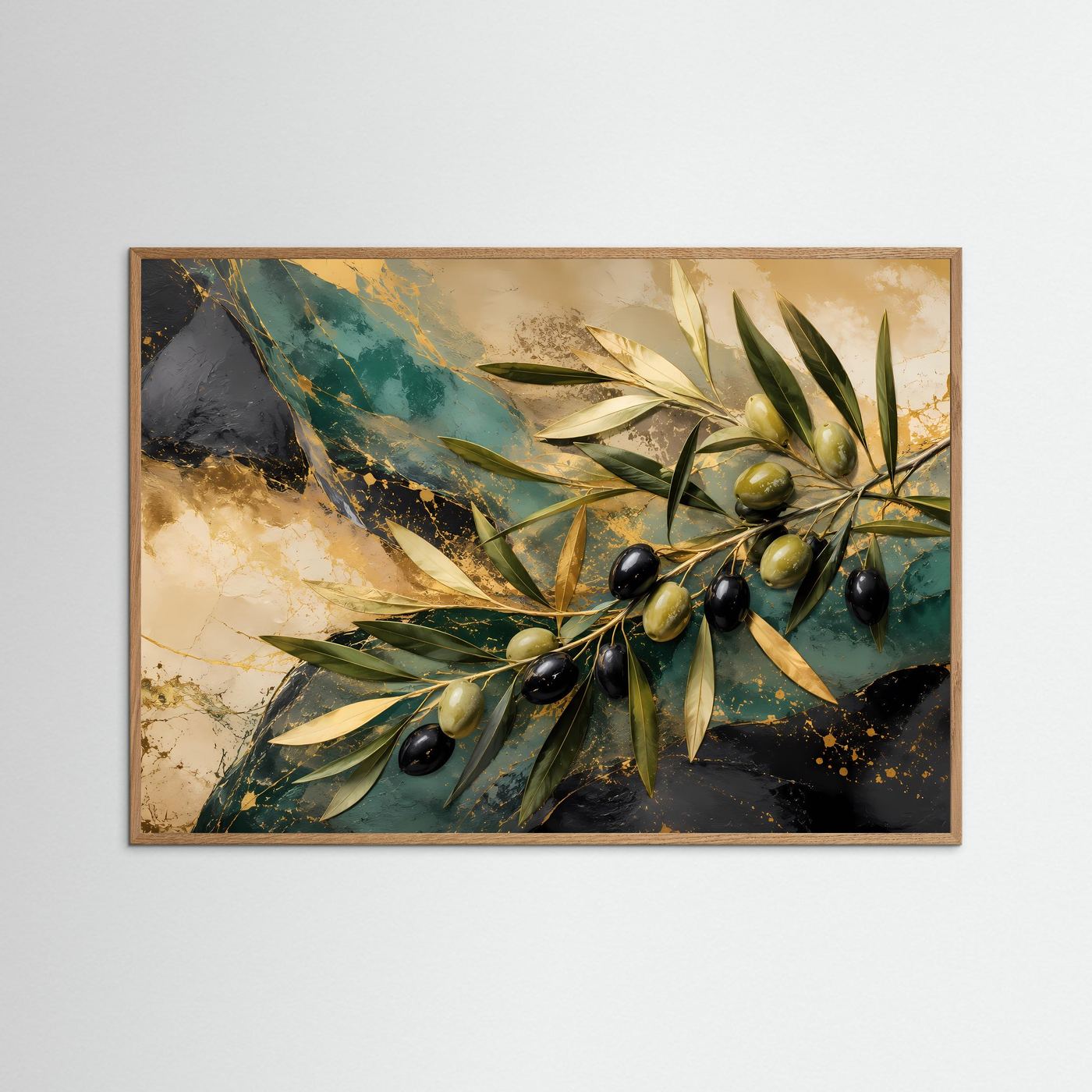 Mediteraner Frieden: Olivenzweig in Gold und Petrol | Modernes Natur-Poster Querformat