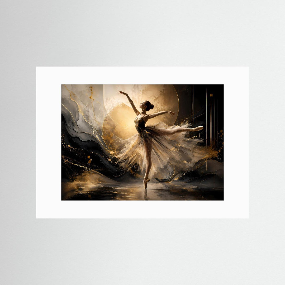 Poster im Querformat mit Balletttänzerin in Schwarz, Creme und Gold, weißer Rand