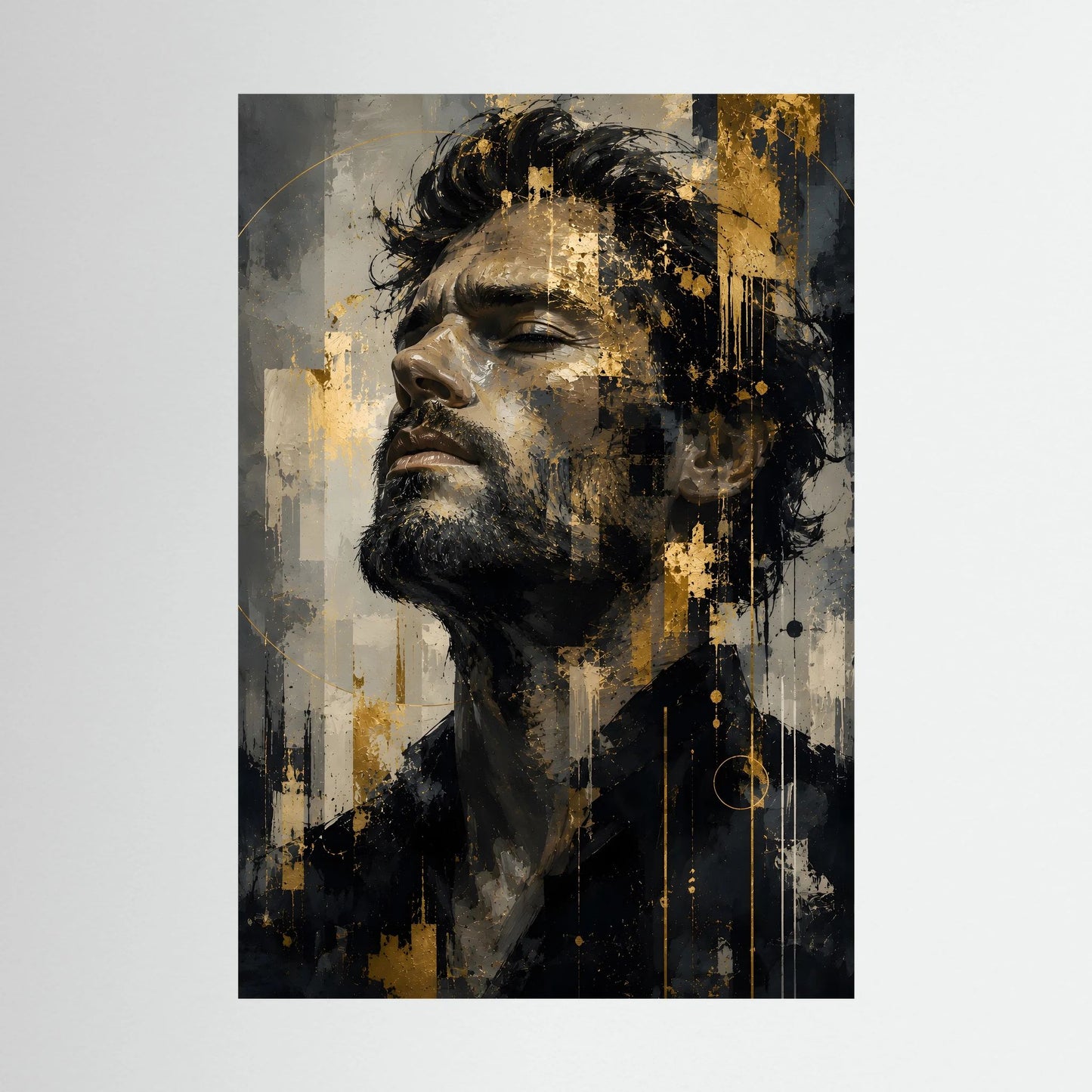 Abstraktes Männerkunstposter (Hochformat) mit Gesicht in Schwarz, Grau und Gold