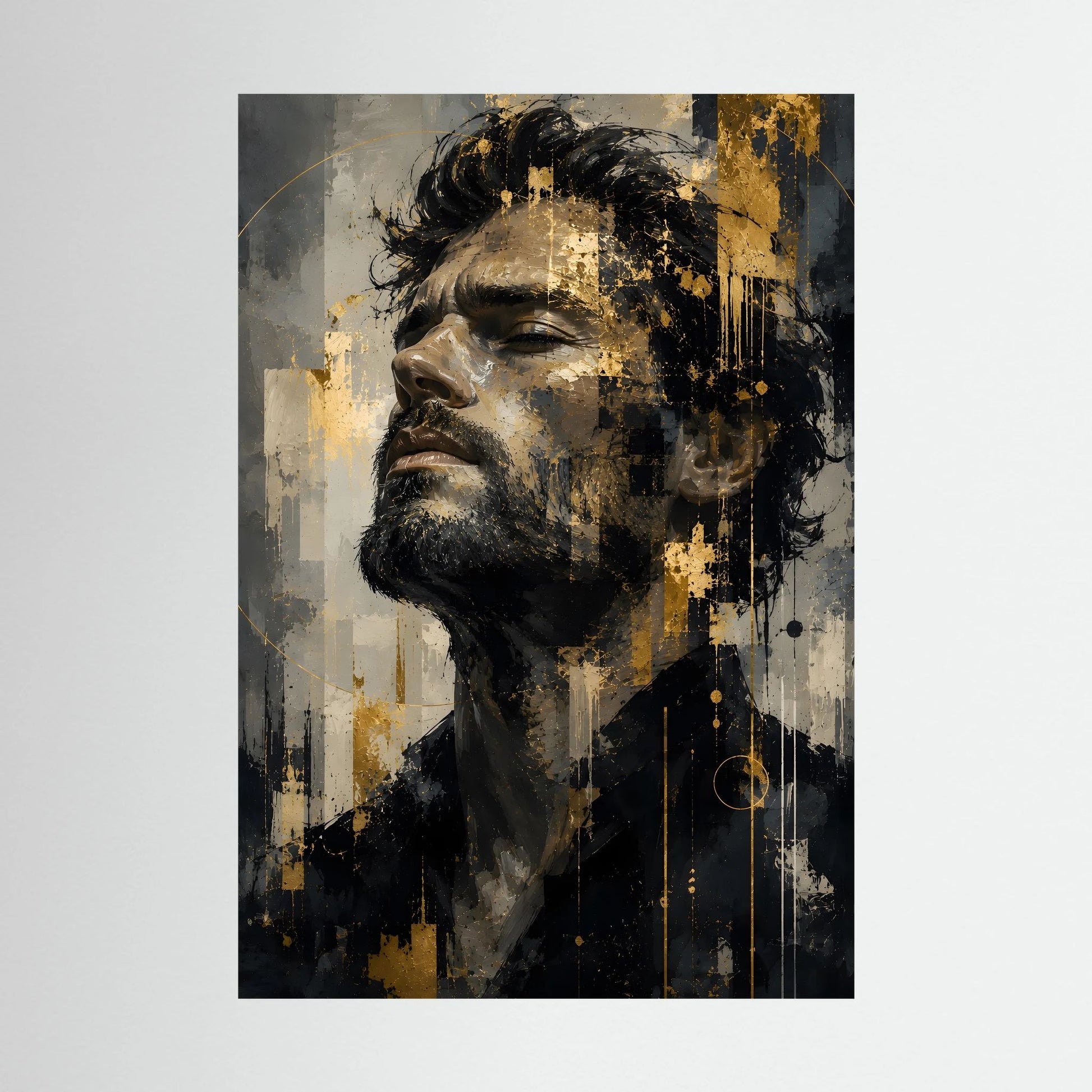 Abstraktes Männerkunstposter (Hochformat) mit Gesicht in Schwarz, Grau und Gold