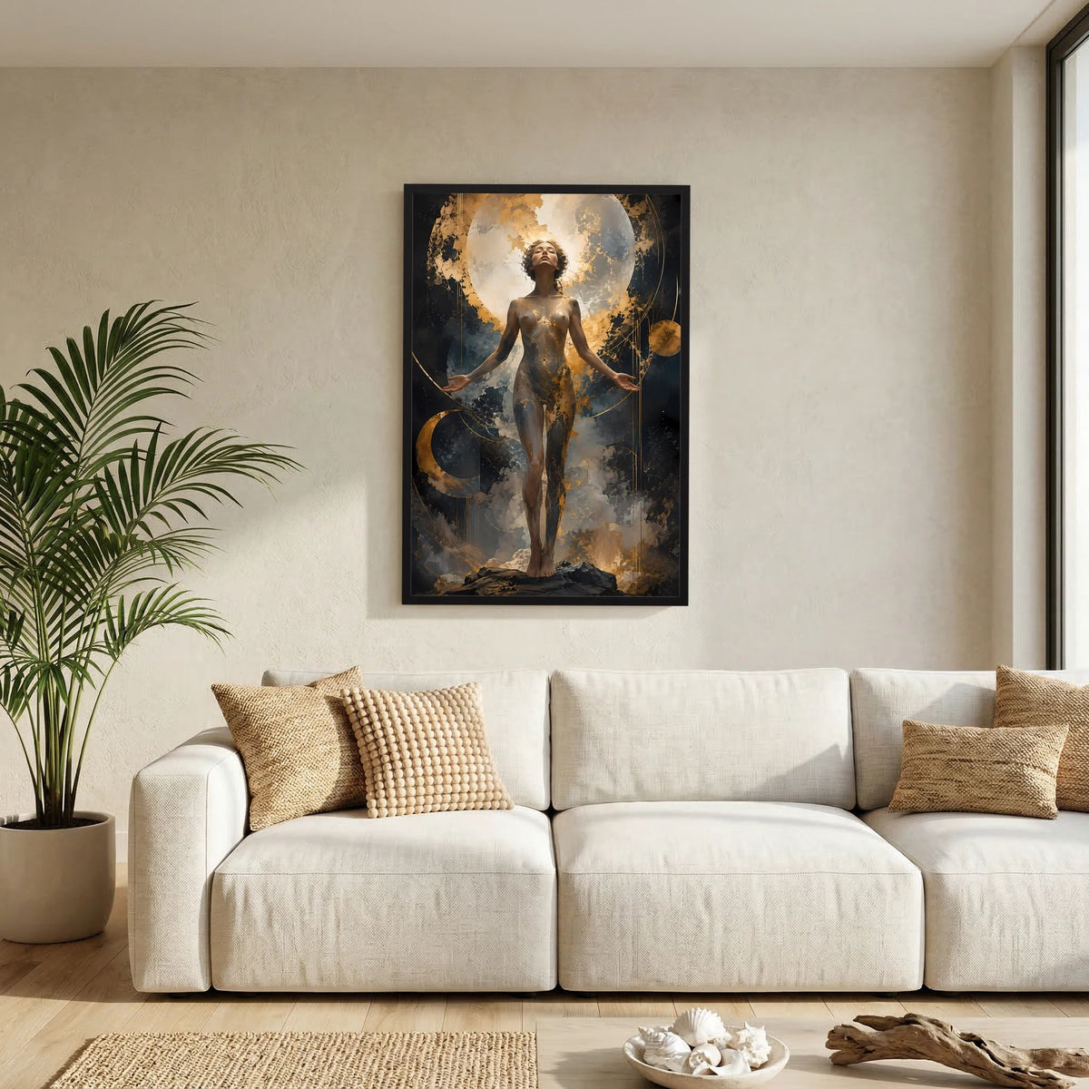 Mondgöttin in Gold | Mystische Frau vor Vollmond | Poster Hochformat