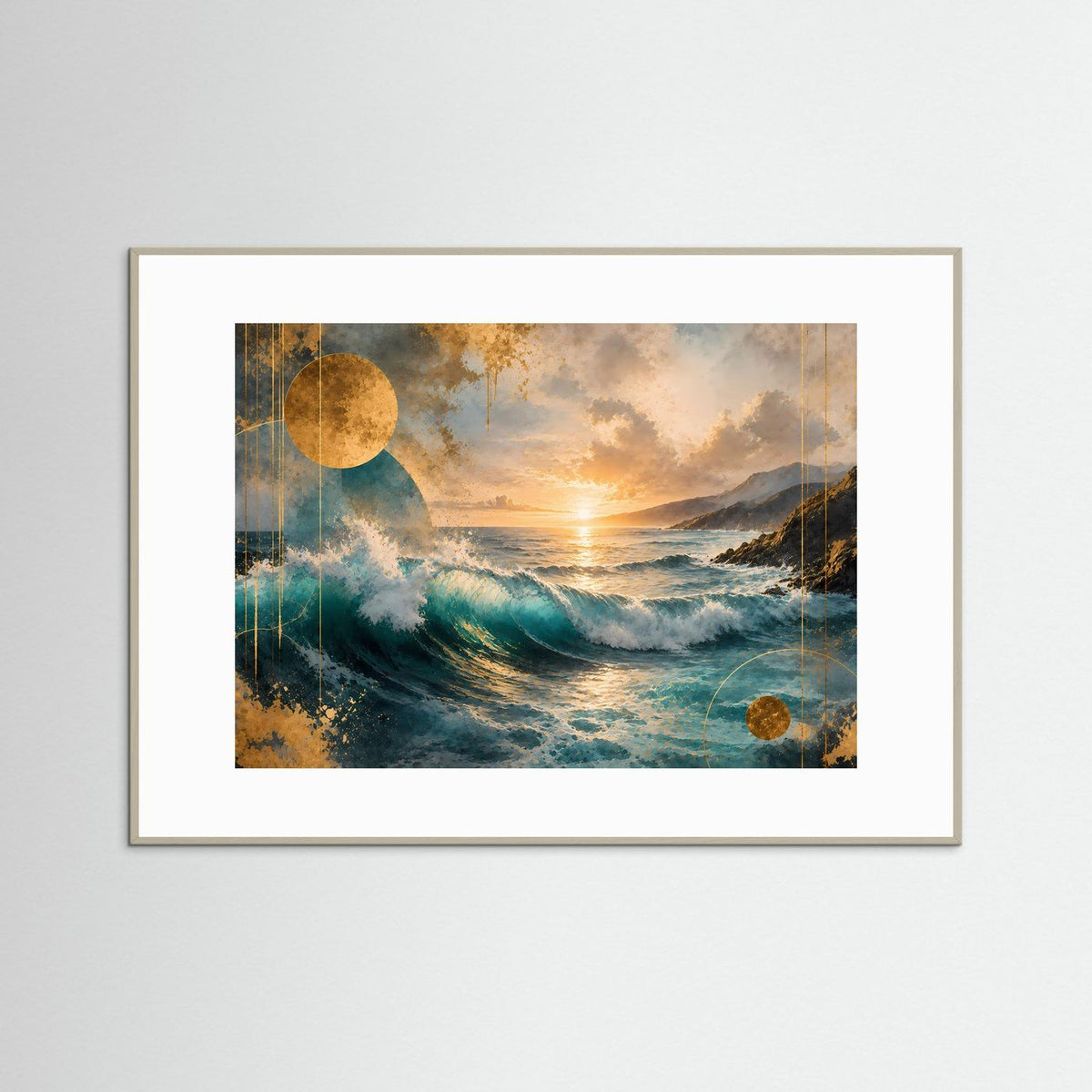 Gerahmtes Poster mit abstrakter Meereswelle bei Sonnenuntergang, Gold- und Blautöne, weißer Rahmen