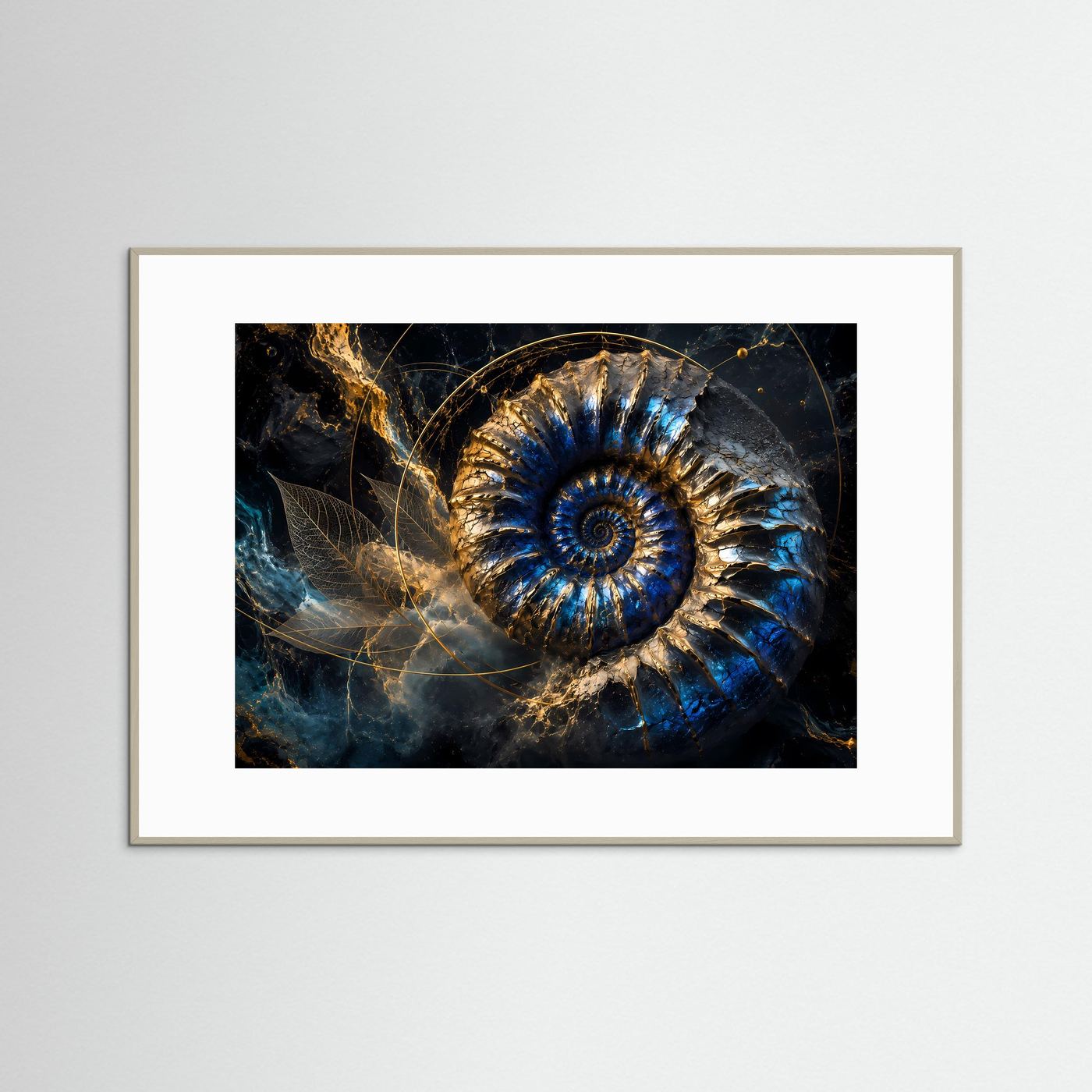 Goldener Ammonit in Tiefblau | Luxuriöse Fossil Kunst mit kosmischer Eleganz